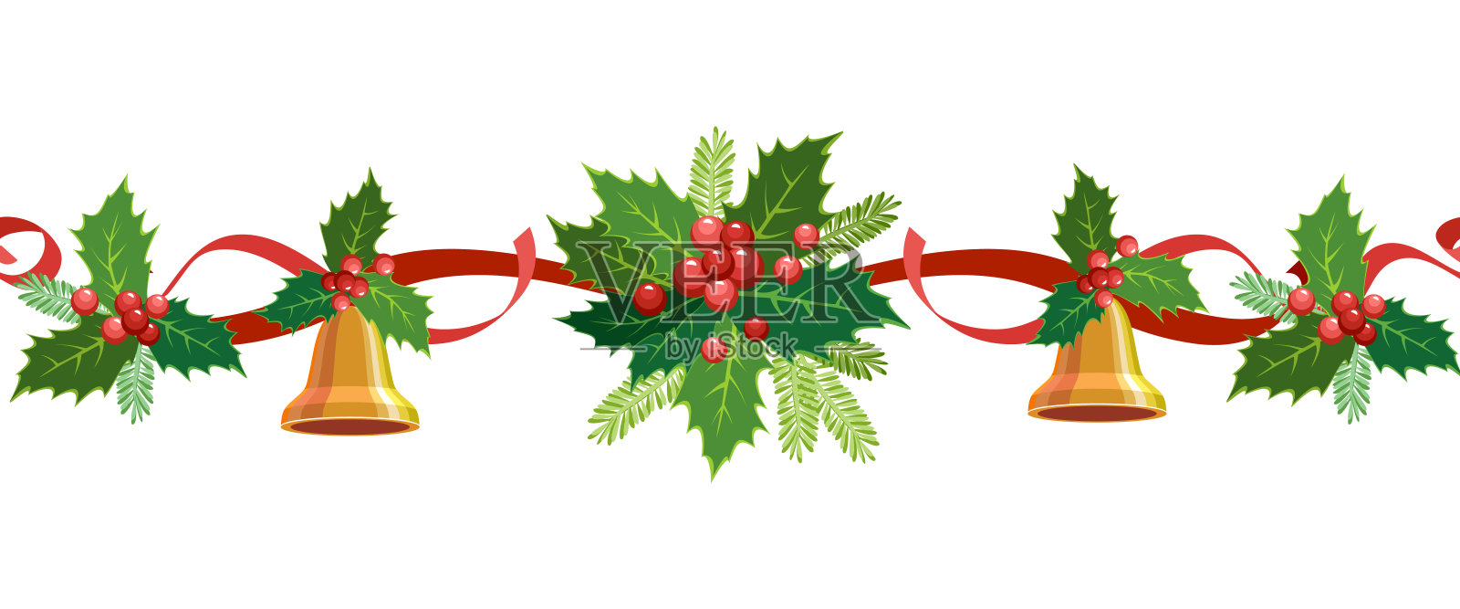 圣诞节无缝的边界。矢量框架，花环，装饰节日贺卡，邀请，横幅。冬青的叶子和浆果孤立在白色的背景上。圣诞装饰品。圣诞显示。插画图片素材