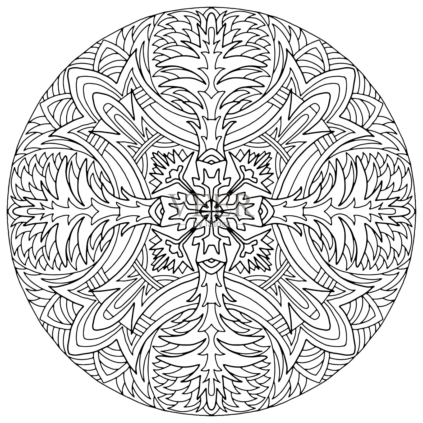 曼荼罗与民间风格的抽象花卉画在白色的背景上色，矢量，着色书页，曼荼罗插画图片素材