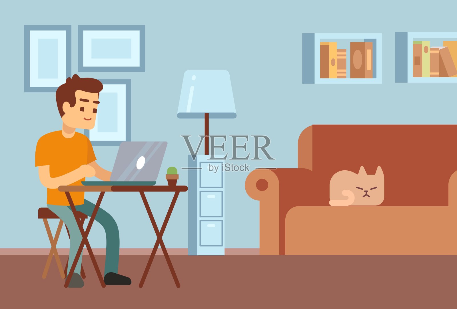 远程工作。自由职业,远程学习。一个年轻人坐在办公桌前，拿着笔记本电脑。学生或经理在客厅工作与睡觉的猫在沙发矢量插图插画图片素材