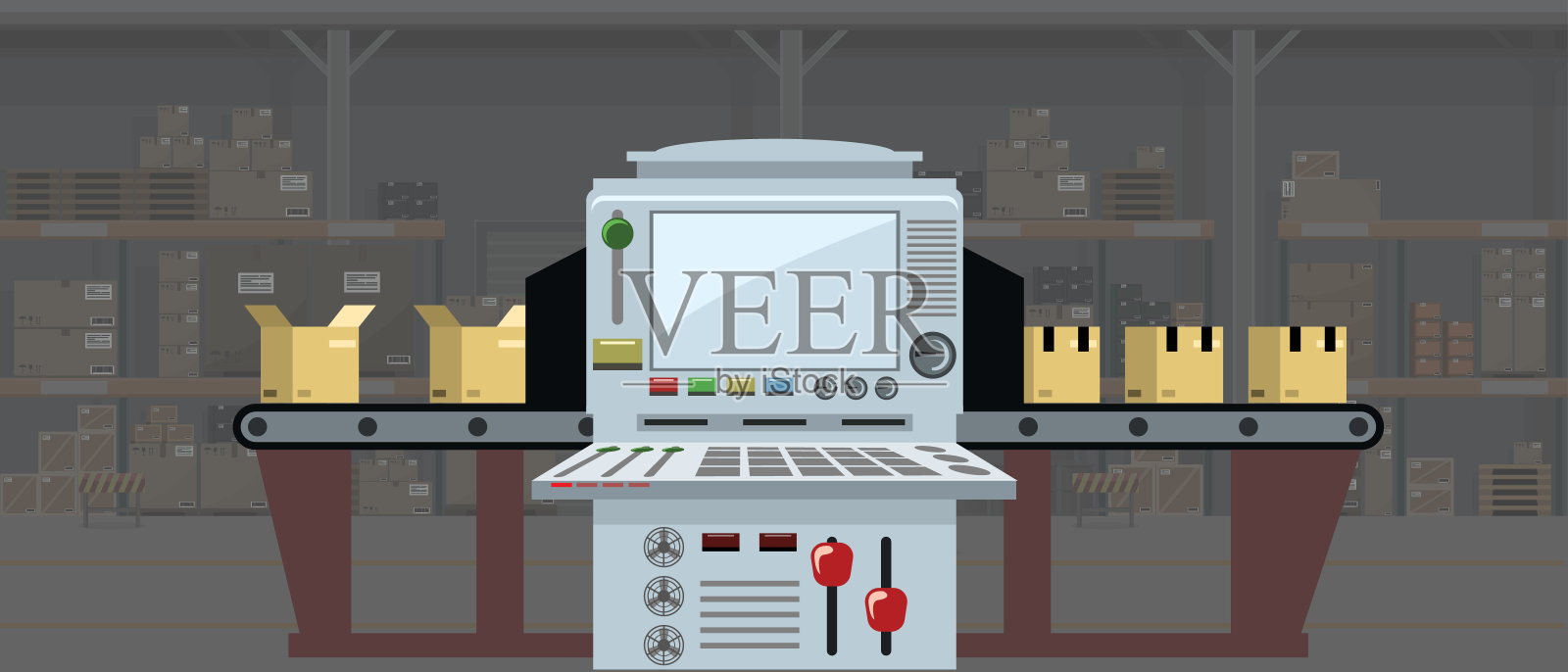 工厂输送包装箱。输送带纸箱自动生产线。矢量插图。插画图片素材