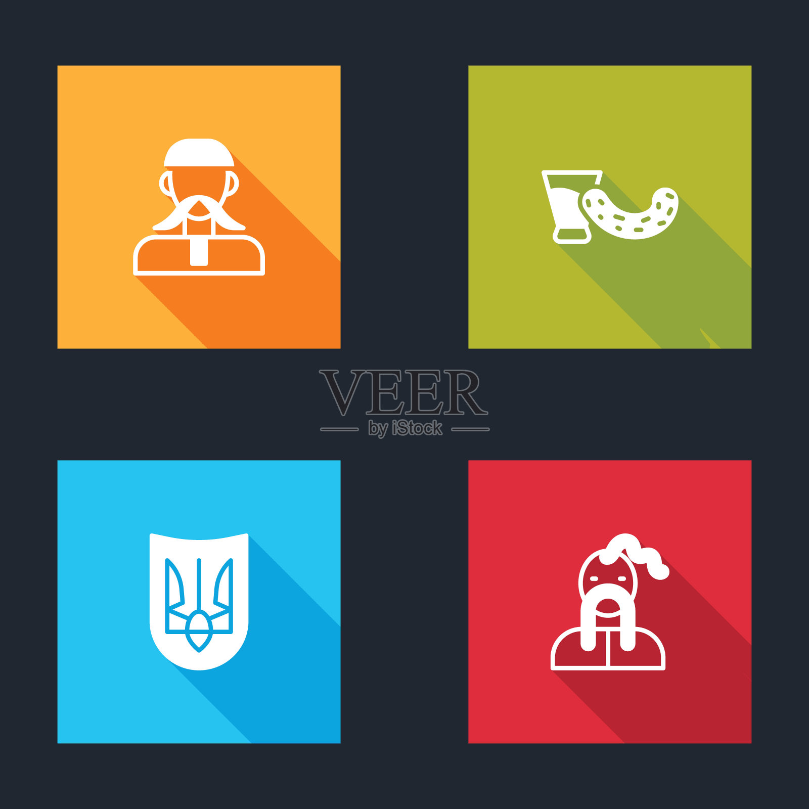 设置乌克兰哥萨克，玻璃与伏特加，三叉戟和图标。向量图标素材