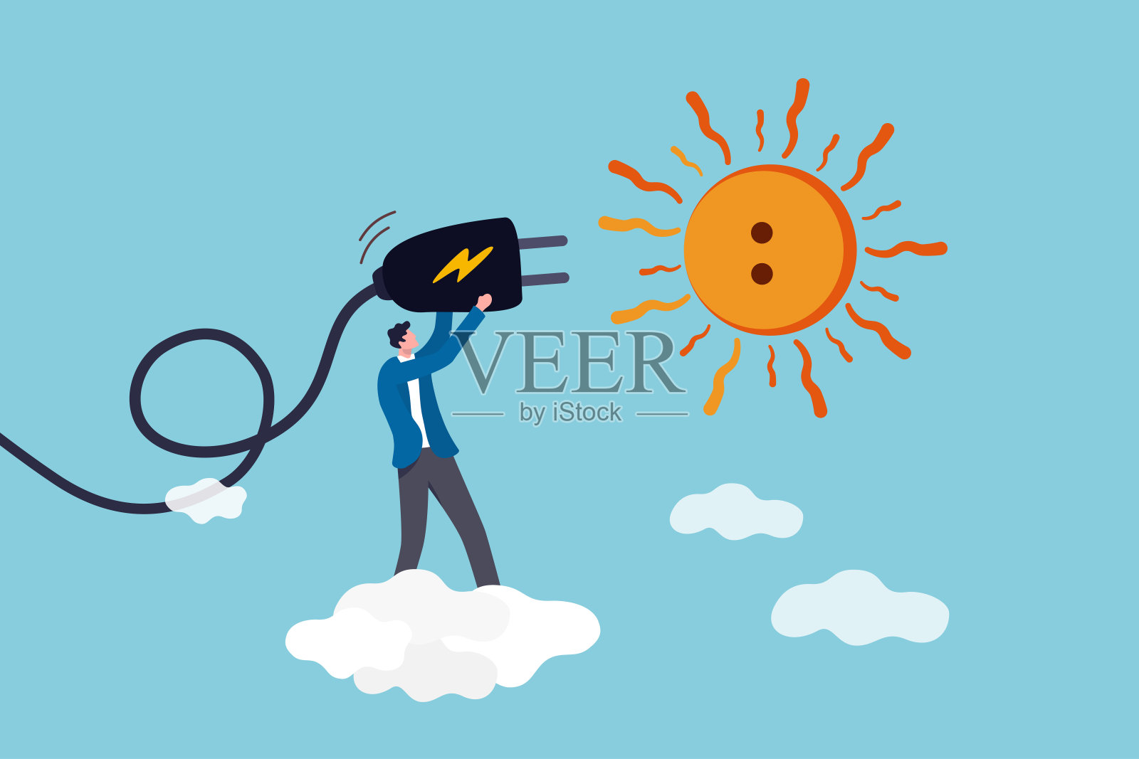 太阳能太阳能，生态自然能源和节约世界能源的概念，工程师太阳能技术工作者拿着电插头插入太阳的想法，以获得可持续的电力。插画图片素材