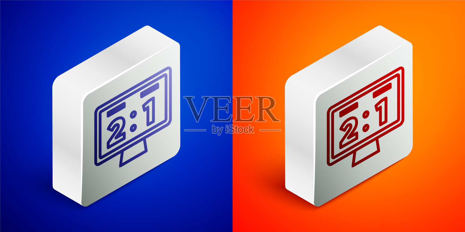 运动机械记分牌和结果显示图标隔离在蓝色和橙色背景。银广场按钮。向量图标素材