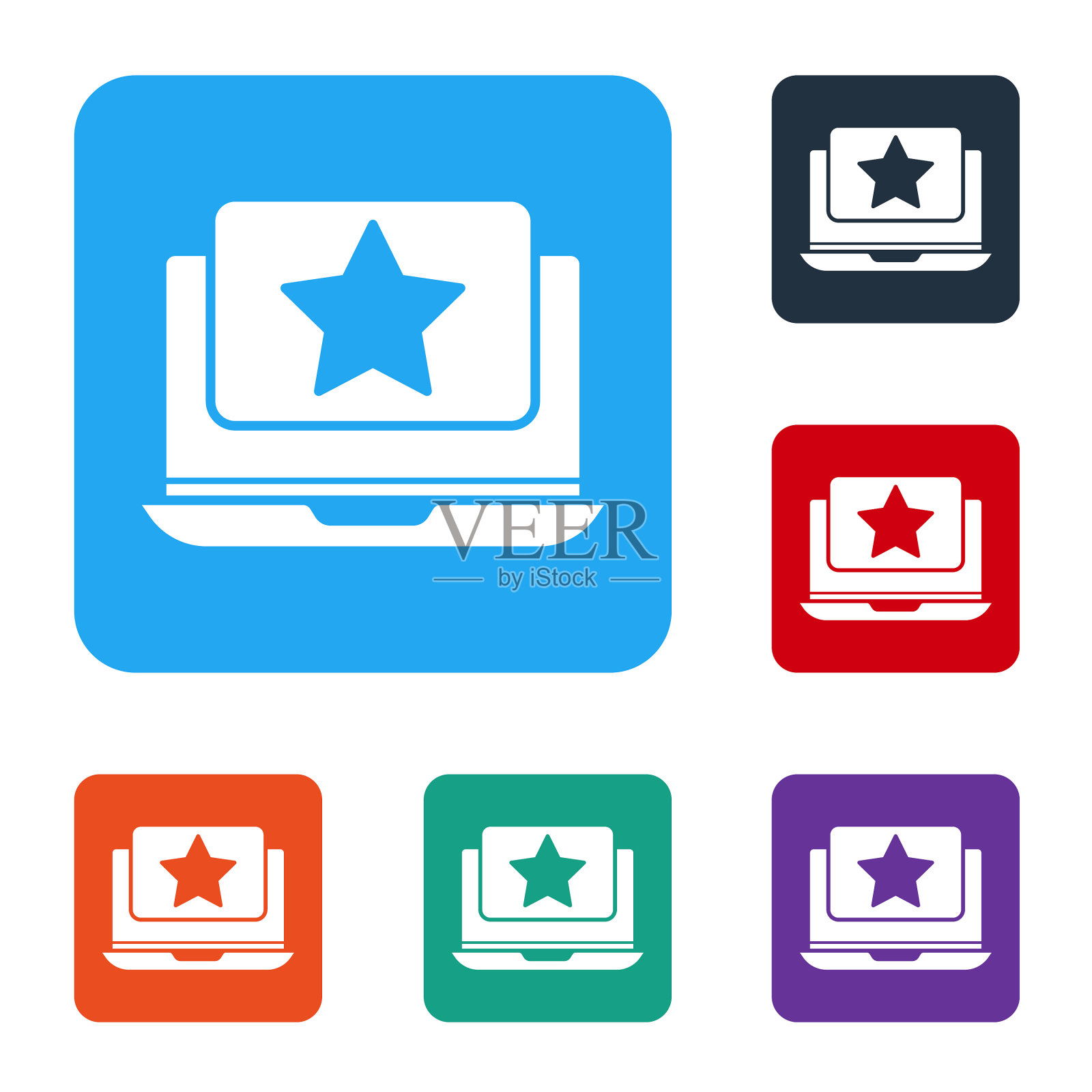 白色笔记本电脑与星形图标隔离在白色图标素材