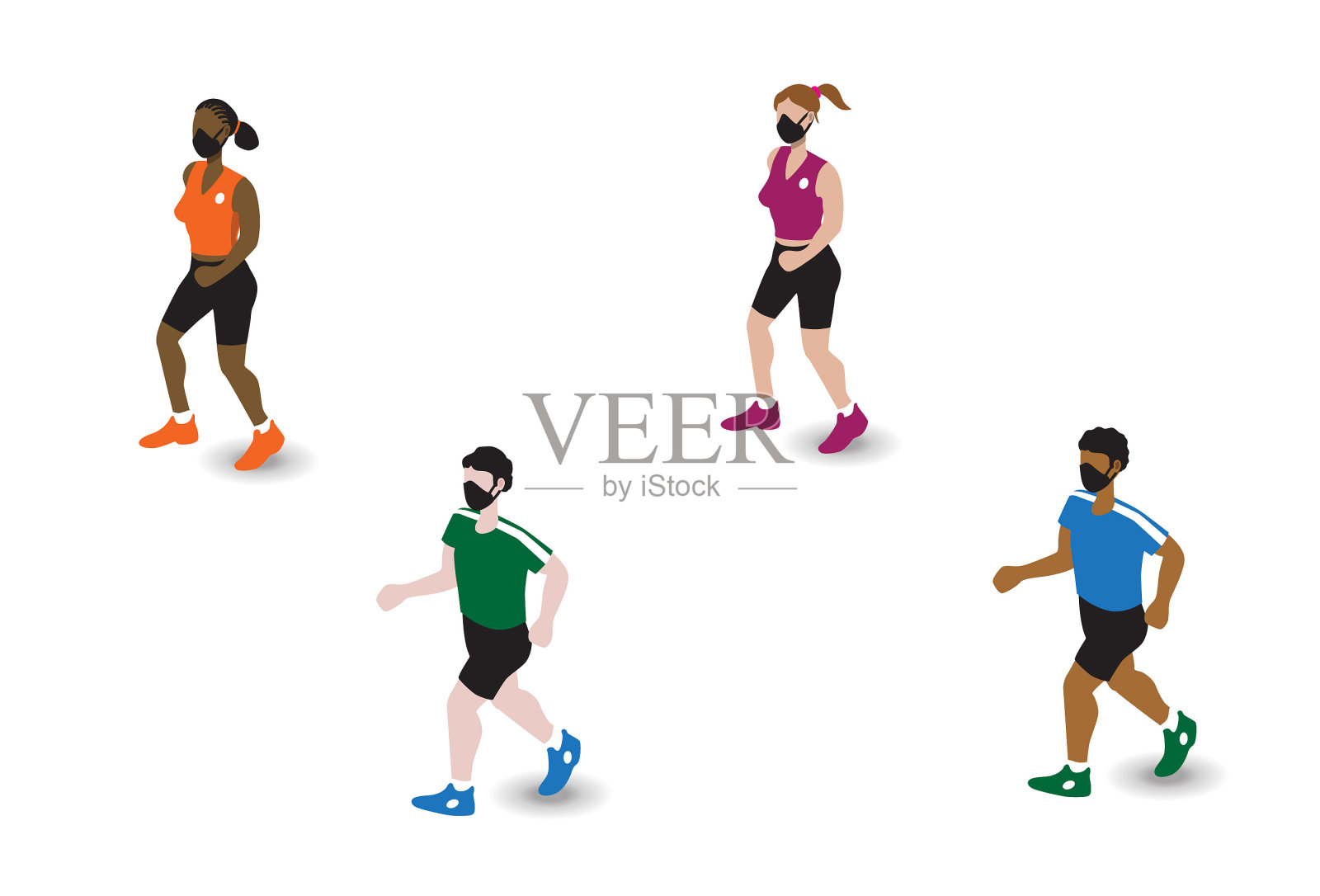 等距透视人们带着口罩慢跑插画图片素材