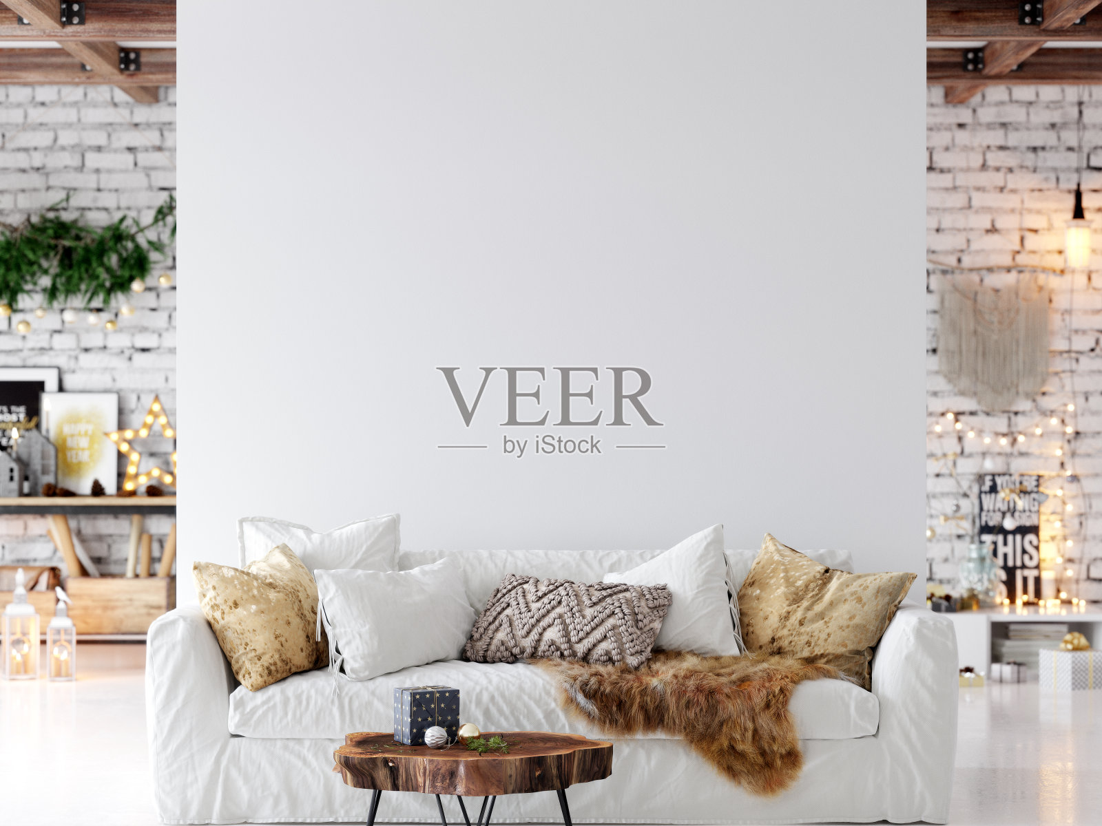 客厅圣诞室内斯堪的纳维亚风格。圣诞树、玩具、礼品盒。墙模型。海报模型。Canva Mockup. 3d渲染，3d插图照片摄影图片