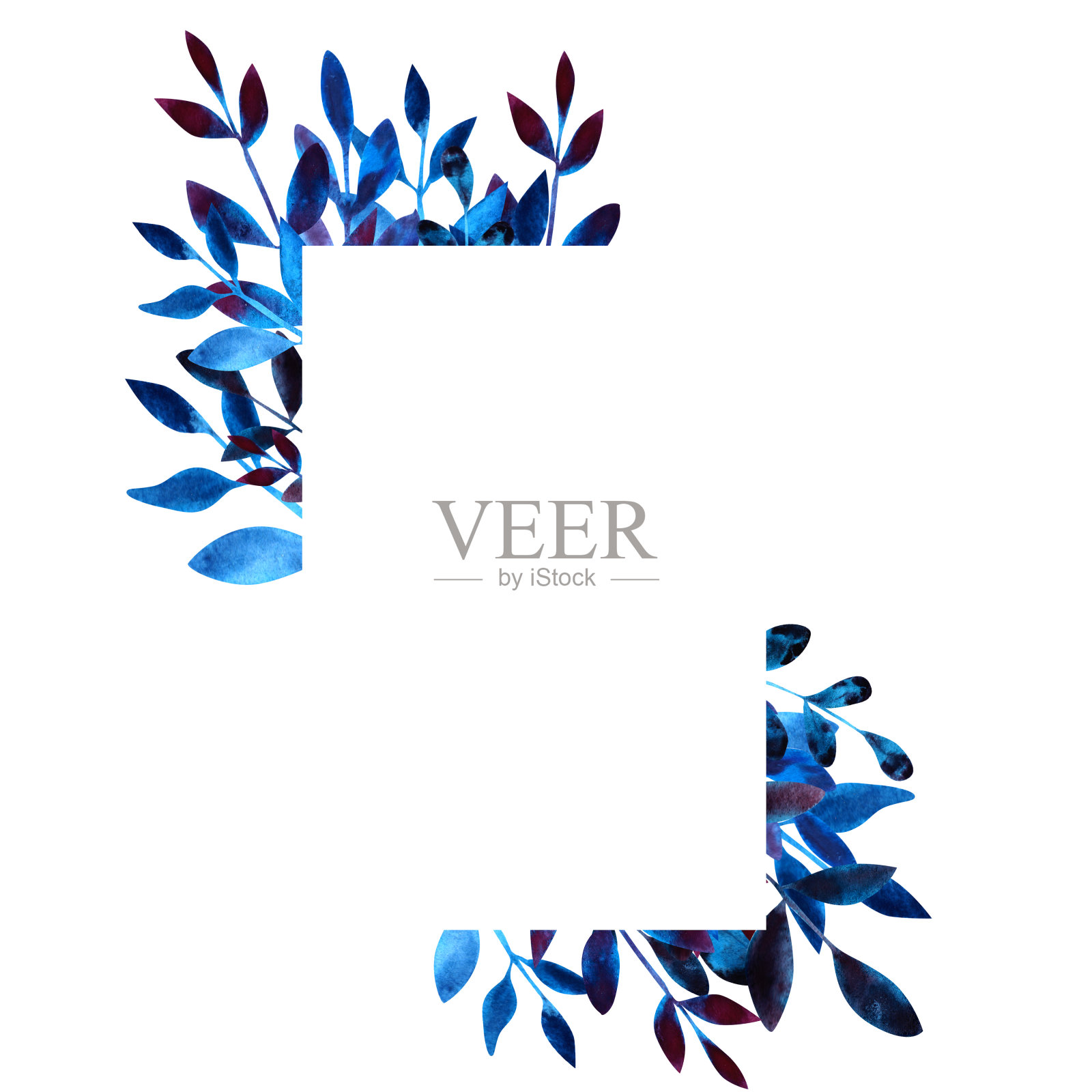 蓝色花卉水彩框架孤立在白色的背景。手绘模板与抽象的叶子为婚礼邀请或社交媒体的故事。亮冻花卡。插画图片素材