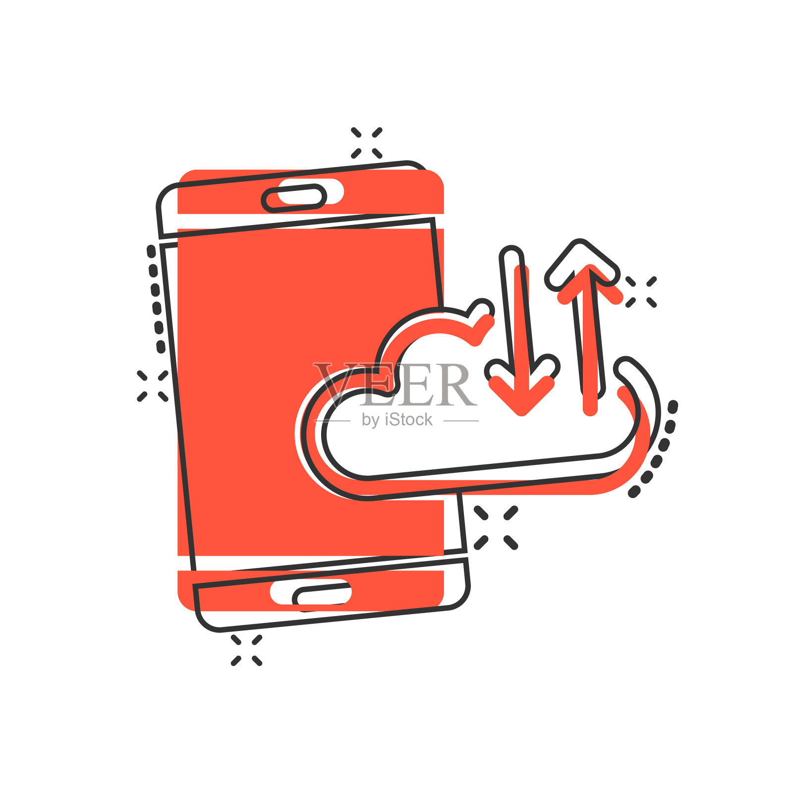 智能手机与云图标在漫画风格的手机设计元素图片