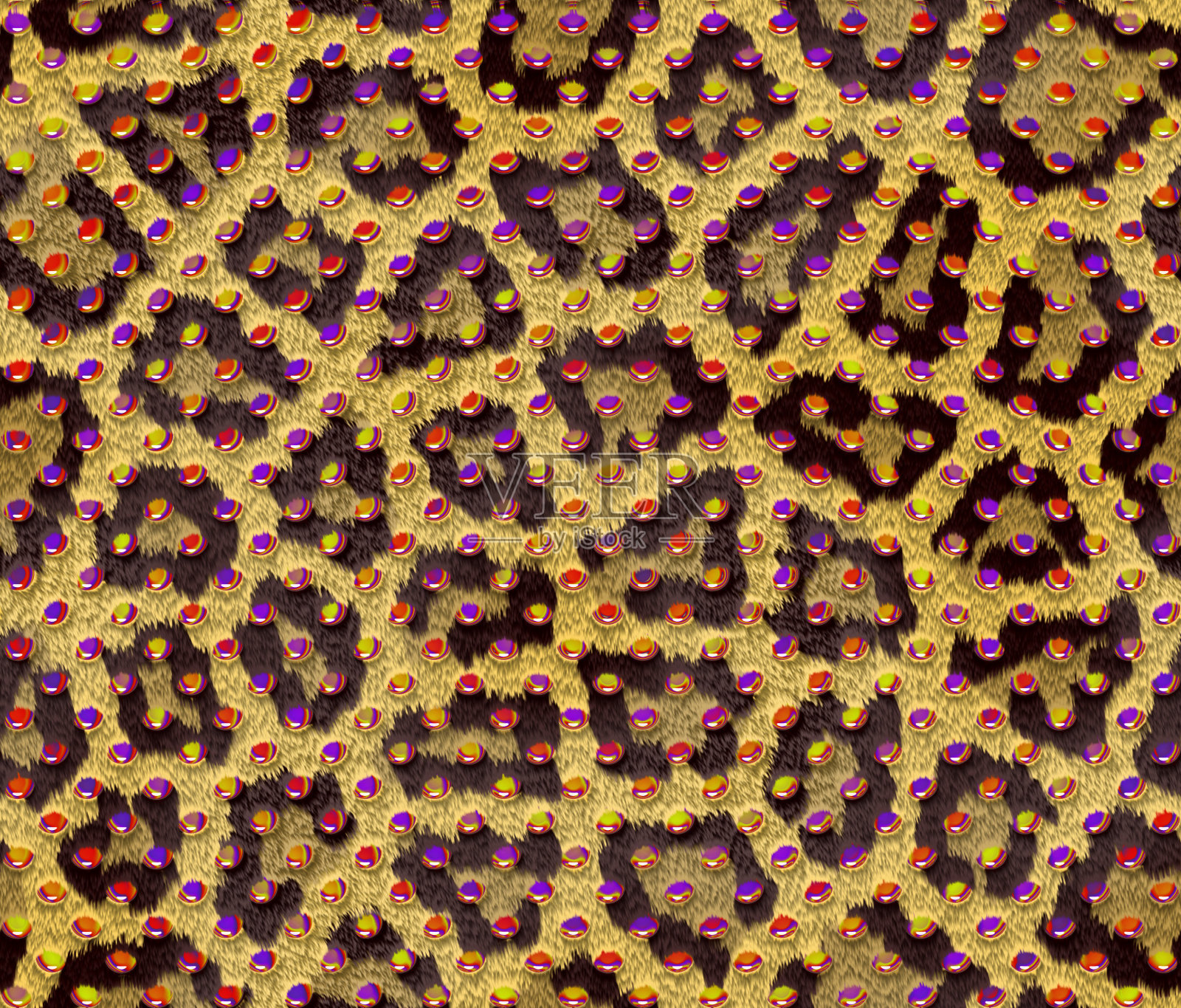 黄色豹皮，有不同形状的棕色斑点和五颜六色的宝石。无缝模式照片摄影图片