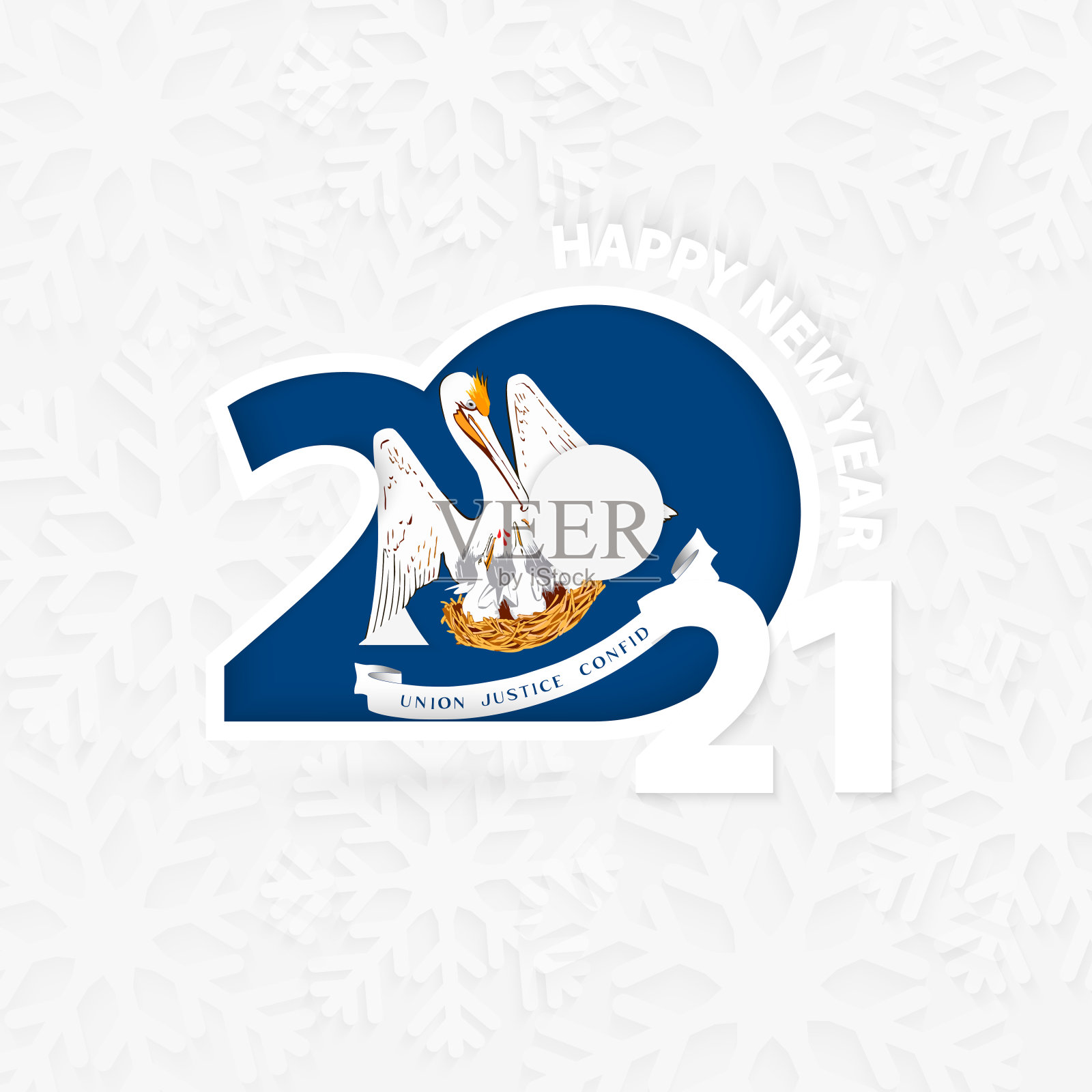 以雪花为背景，祝路易斯安那州2021年新年快乐。插画图片素材