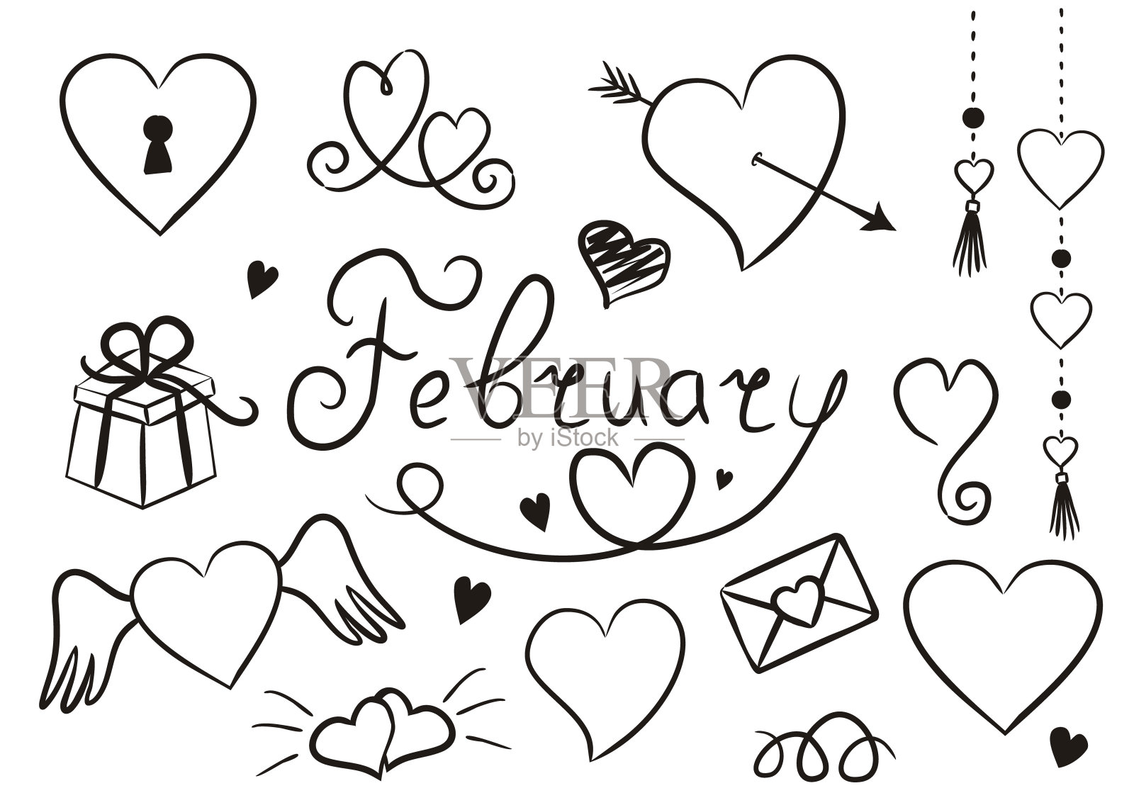 手工绘制的二月元素孤立在白色的背景插画图片素材