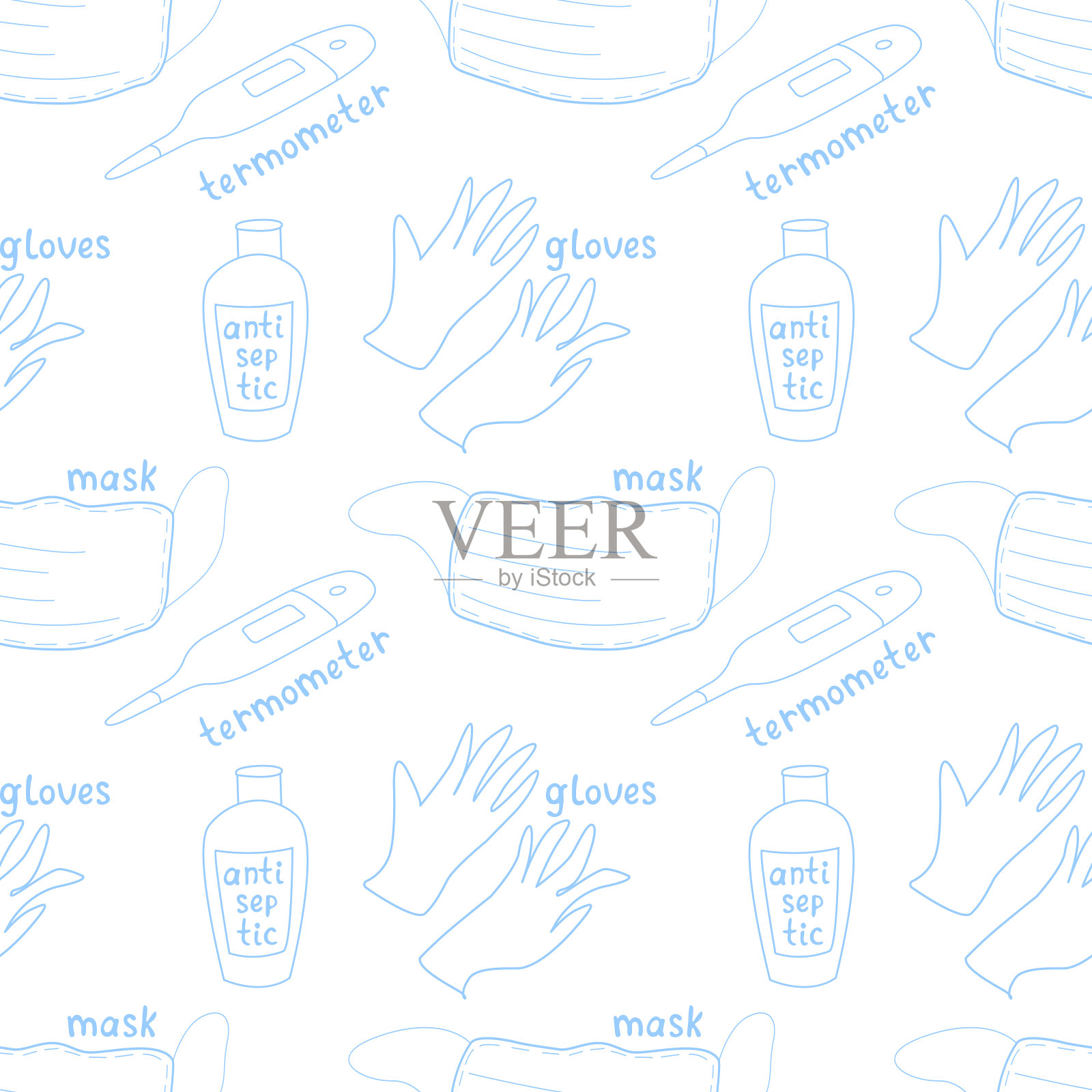 无缝模式与医疗个人防护设备和检测covid-19症状，流感。口罩、杀菌剂、手套、温度计。矢量轮廓背景纹理涂鸦孤立插画图片素材