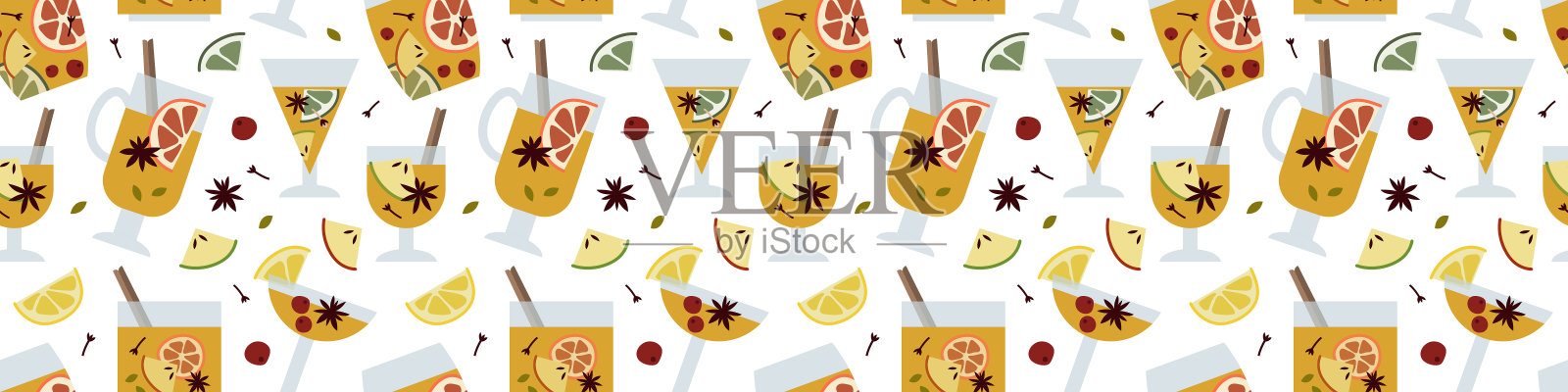 圣诞热白葡萄酒与柑橘水果，苹果，肉桂，丁香，小豆蔻，茴芹。冬天热饮。桑格利亚汽酒,苹果酒。传统的圣诞饮料。矢量平面卡通无缝模式插画图片素材