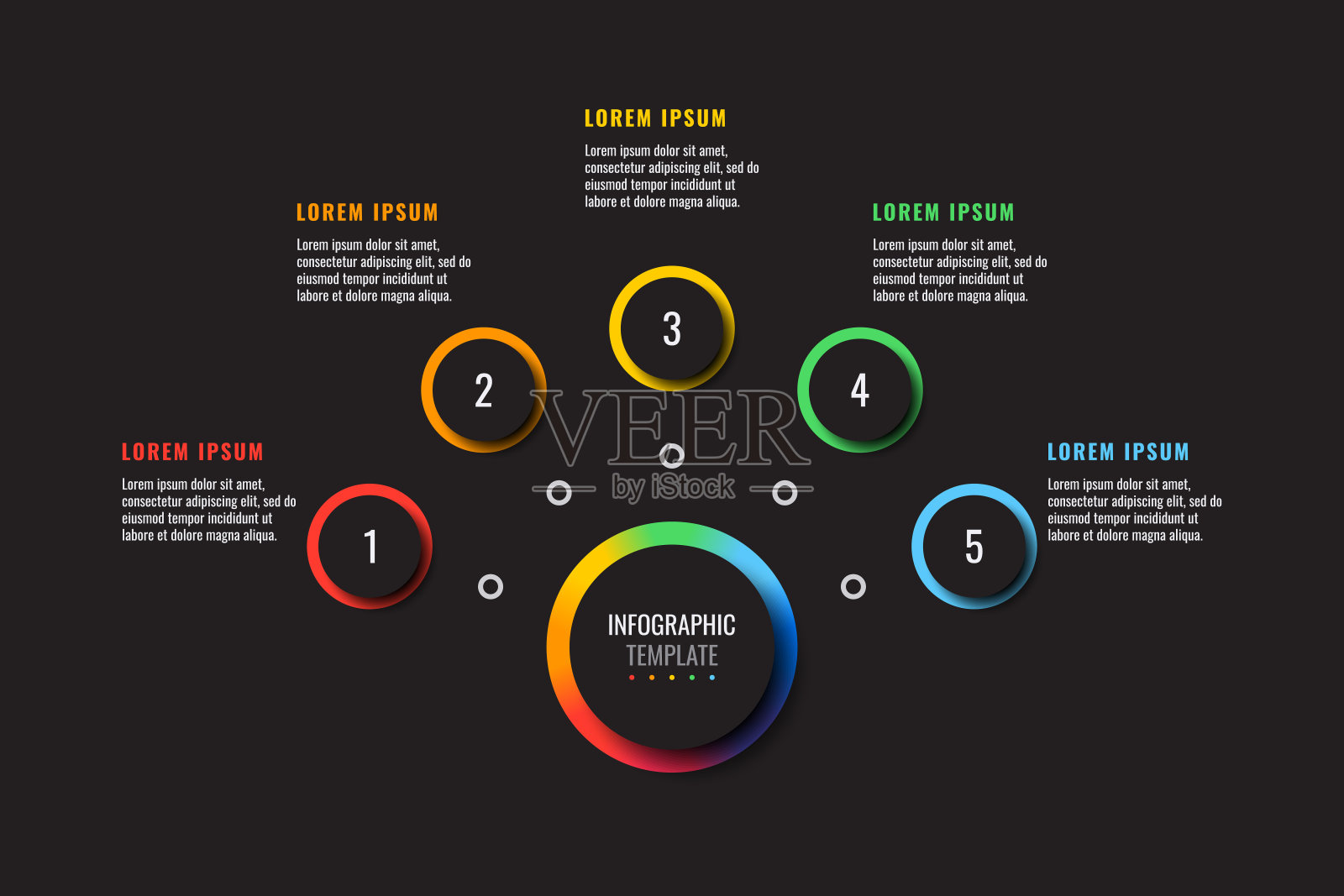 商业信息图表模板与五轮现实元素在一个黑色的背景。现代水平矢量数据可视化与文本框。易于编辑和自定义。eps10插画图片素材