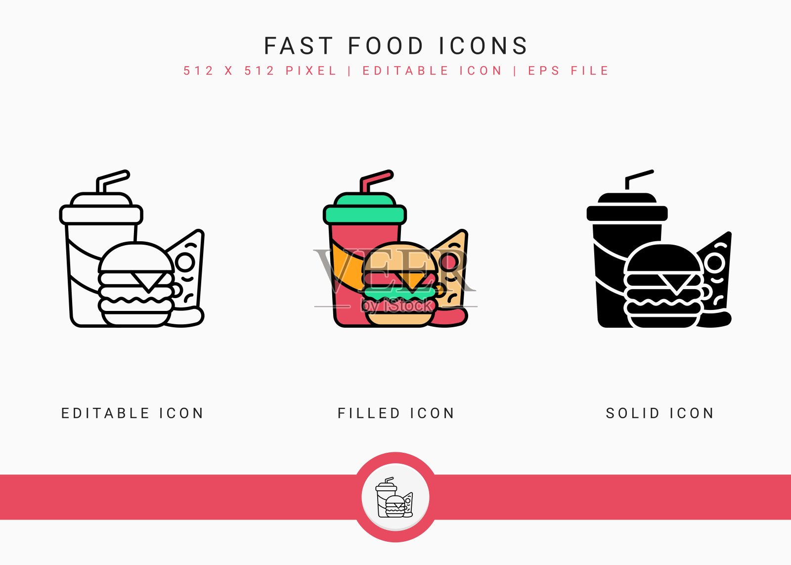 快餐图标设置矢量插图与固体图标线条风格。自助餐厅小吃菜单概念。图标素材