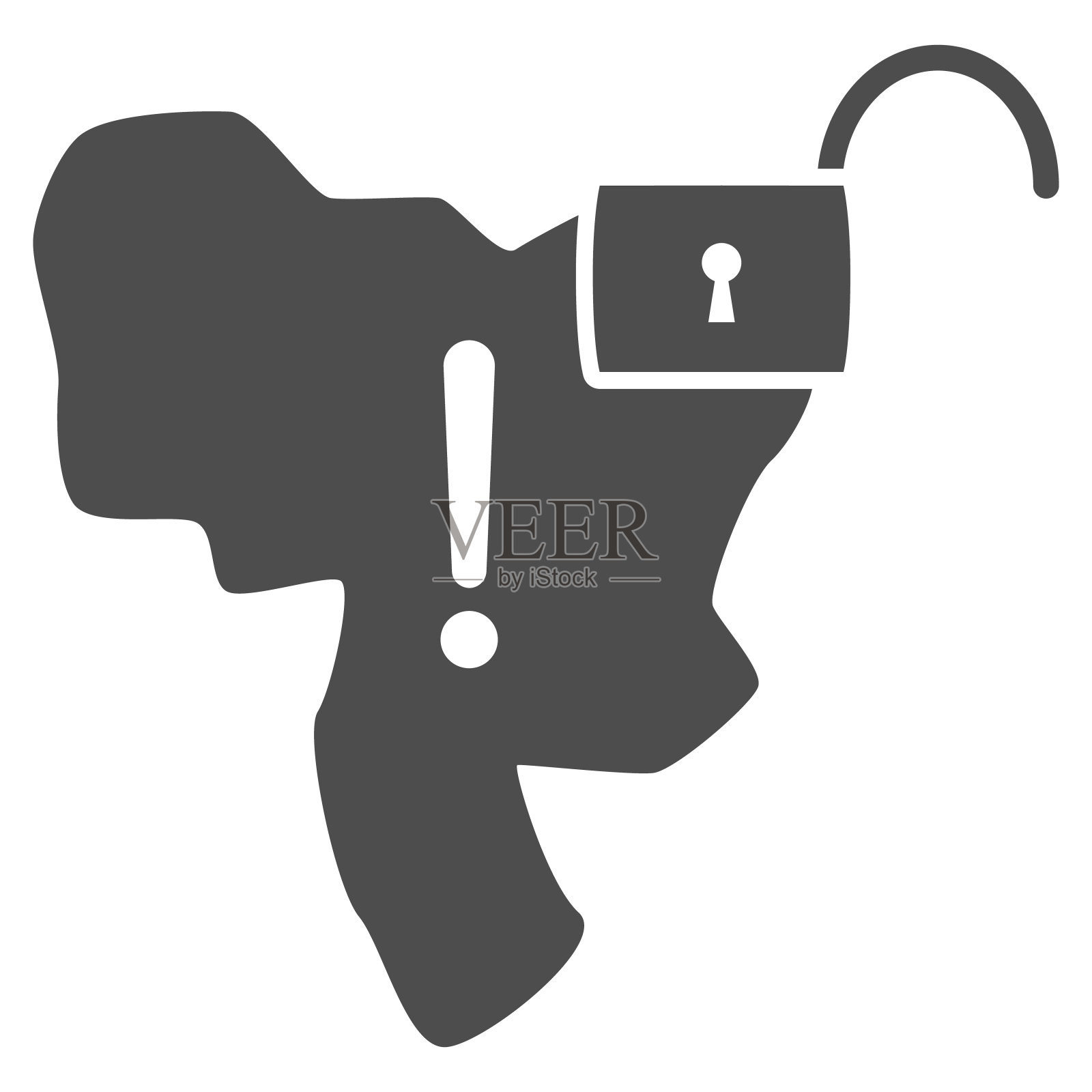 国家与开放锁定和感叹号固体图标，经济制裁概念，国家濒临关闭标志上的白色背景，解锁国家图标在象形风格。向量。插画图片素材