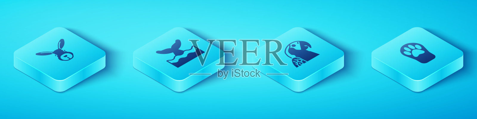 设置等距兔头，鲸鱼尾巴在海浪，爪印和金刚鹦鹉图标。向量图标素材