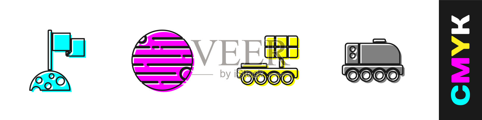 设置月球与旗帜，行星，火星漫游者和图标。向量插画图片素材