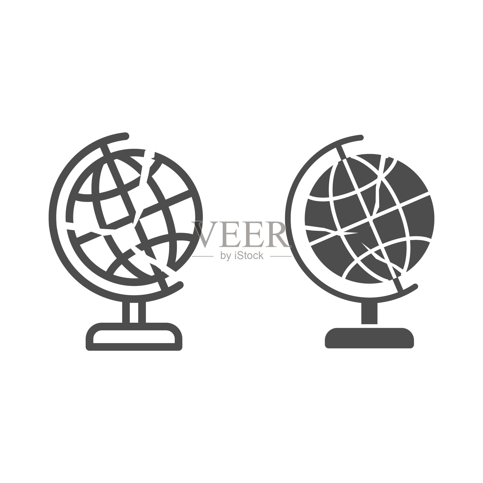 全球经济是爆破线和固体图标，经济制裁概念，全球与裂缝标志在白色的背景，金融全球危机图标在轮廓风格的移动。矢量图形。图标素材