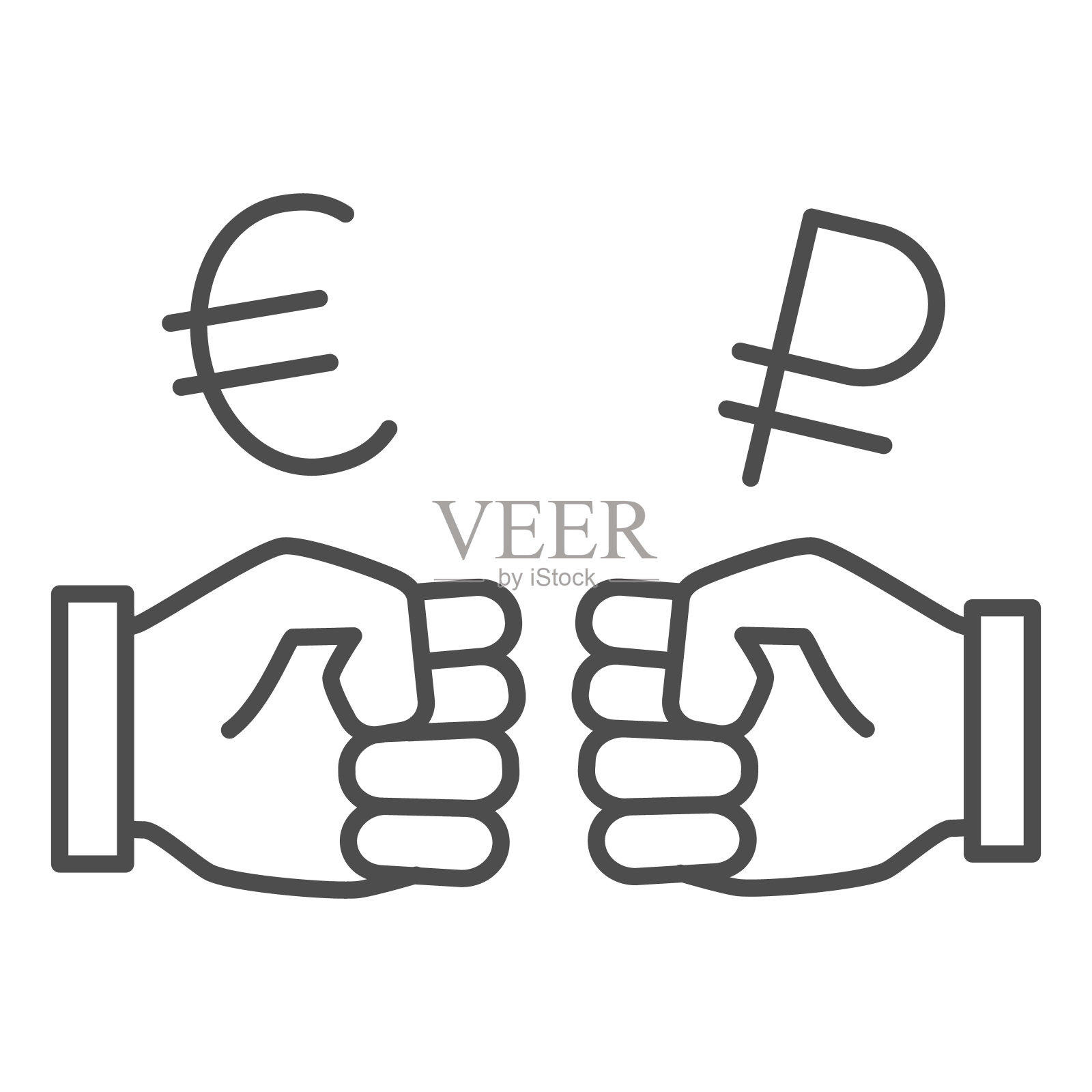 两个拳头和货币细线图标，经济制裁概念，欧元和卢布之间挣扎的标志，白色背景，欧元和卢布货币兑换图标轮廓风格。矢量图形。插画图片素材