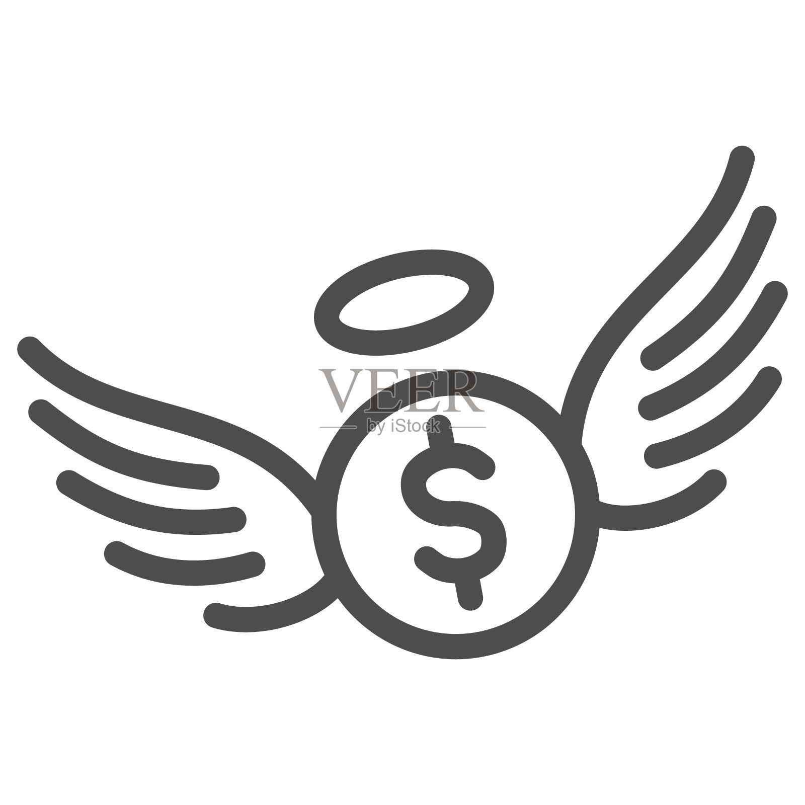 飞行美元硬币线图标，金融概念，美元硬币与翅膀的标志在白色的背景，飞行现金图标轮廓风格的移动概念和网页设计。矢量图形。插画图片素材