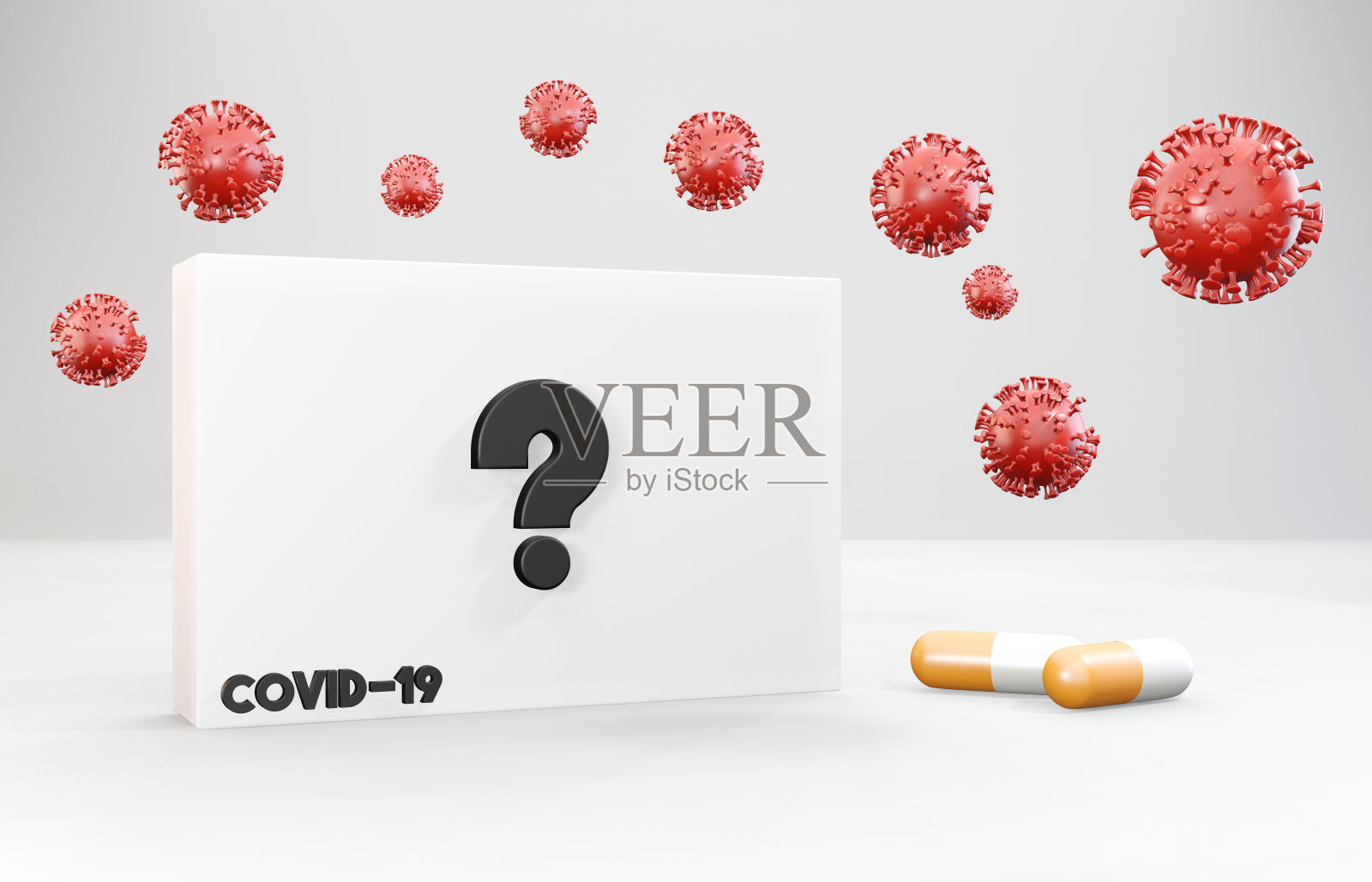 哪种药物可以对抗病毒?预防冠状病毒的药物概念。空药箱和病毒周围。照片摄影图片