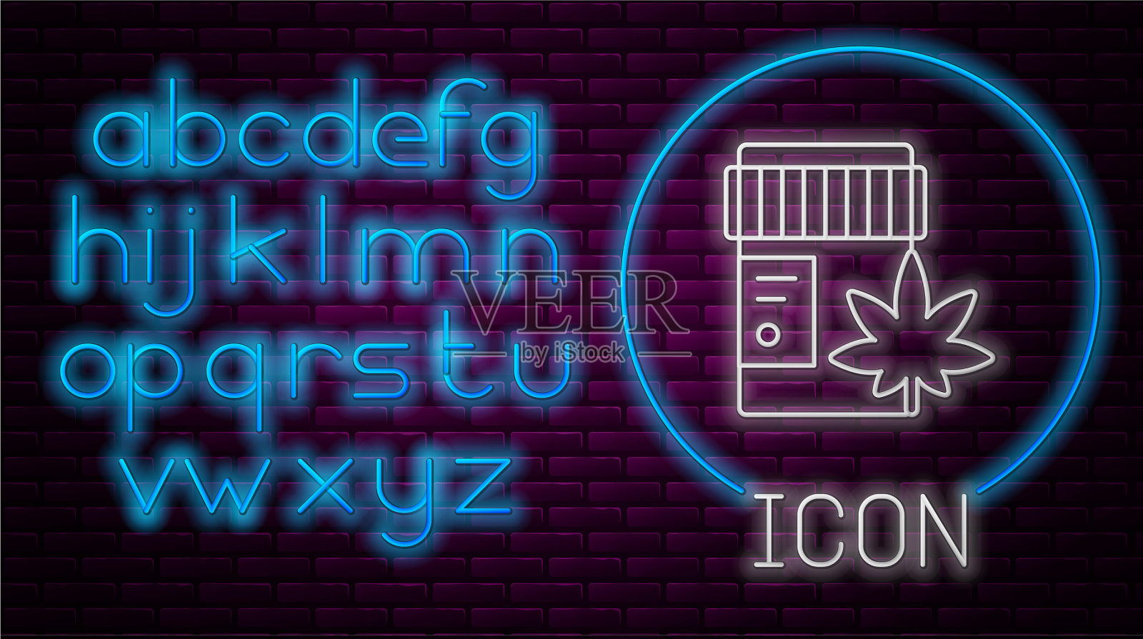 发光的霓虹线装大麻的药瓶插画图片素材