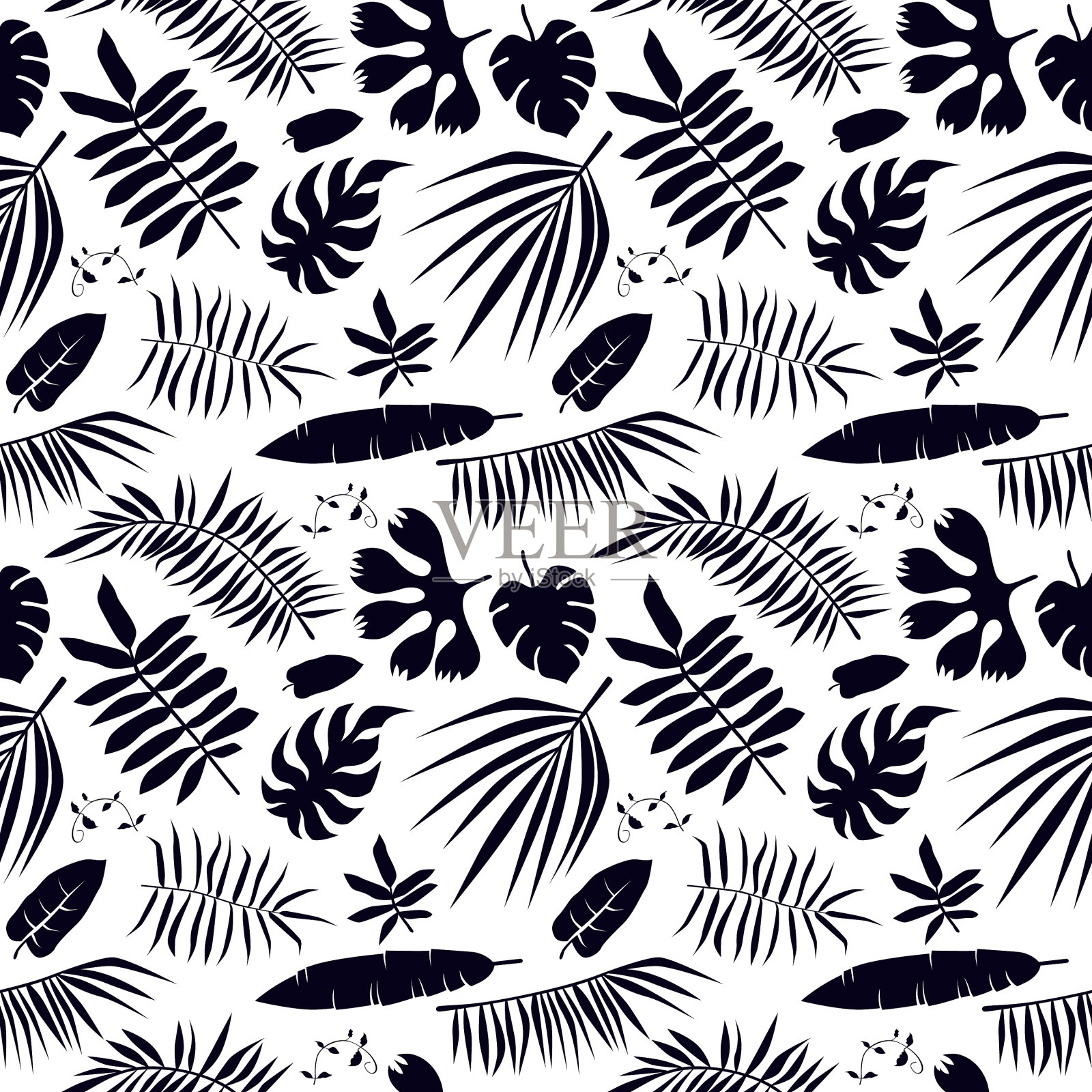 无缝模式与热带植物叶插画图片素材