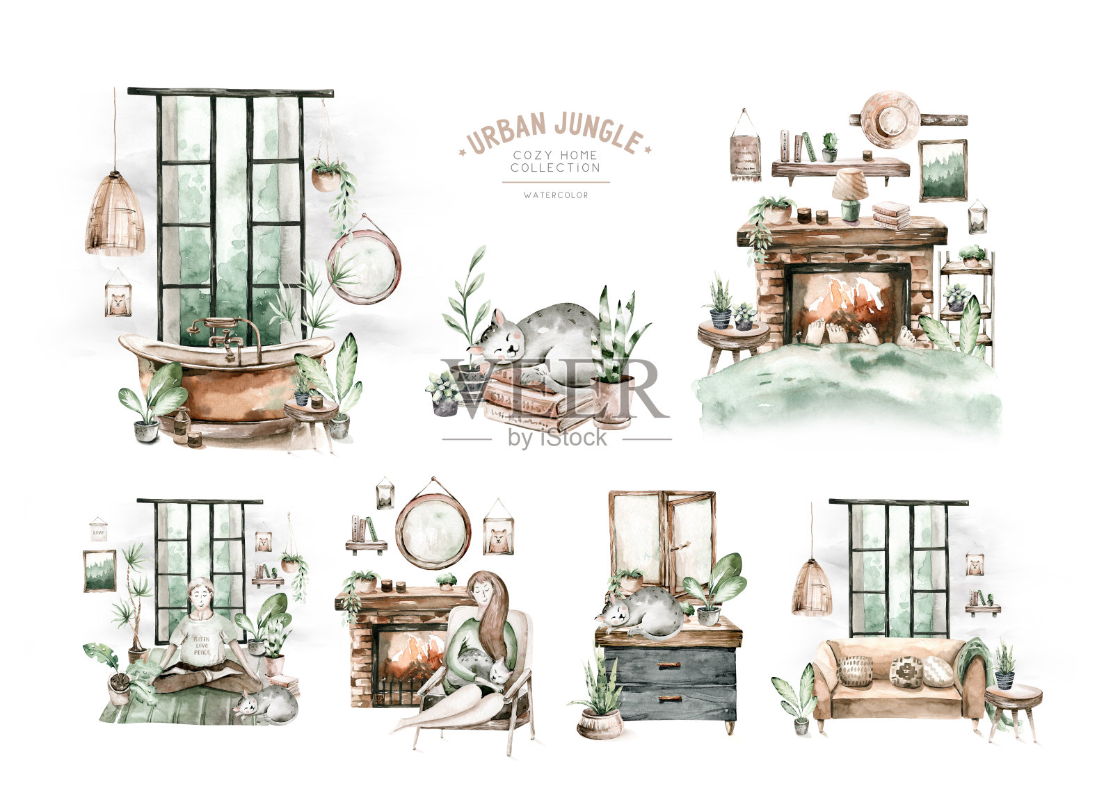 水彩新潮室内波西米亚背景与中世纪现代家具。室内巨大的装饰场景。舒适的客厅与室内植物，Urbun丛林水彩插图。乔迁庆宴。呆在家里插画图片素材