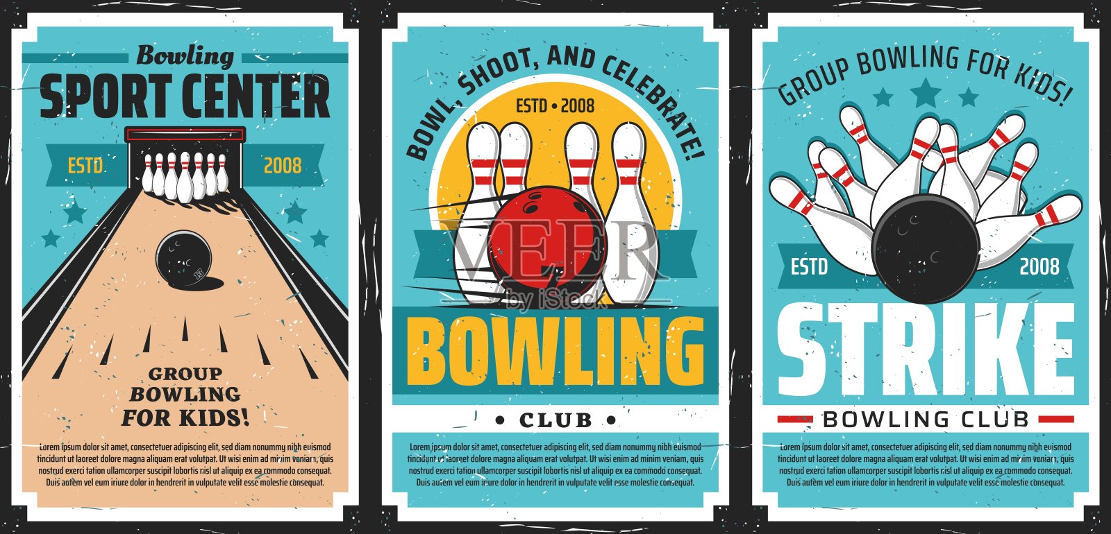 保龄球俱乐部海报，球和针打击运动插画图片素材