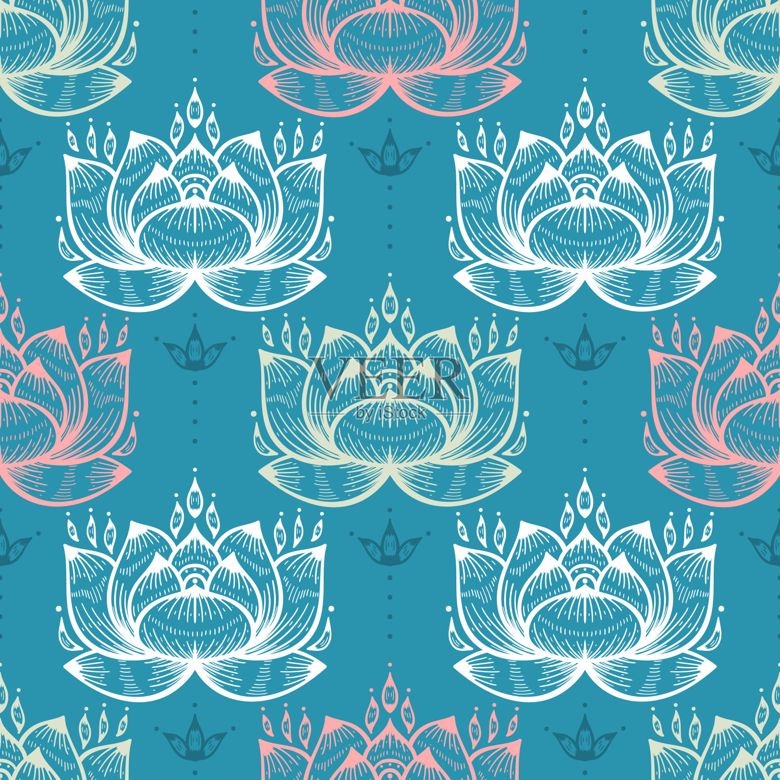 东方民族曼海蒂莲花无缝图案。装饰花卉图案，柔和的颜色，复古的背景插画图片素材