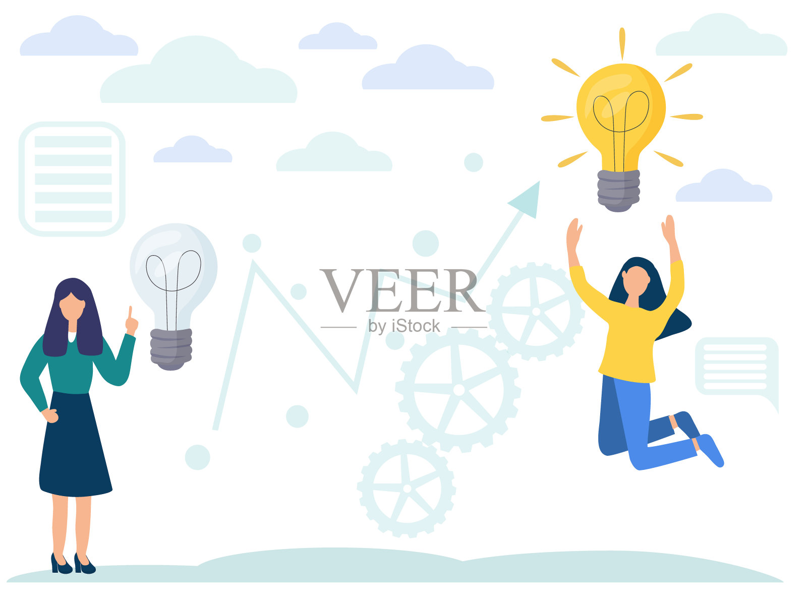 女孩的工人。发光的灯泡。矢量插图与商业理念的概念。成功的团队合作。实现目标的途径。创造性和分析性思维。插画图片素材