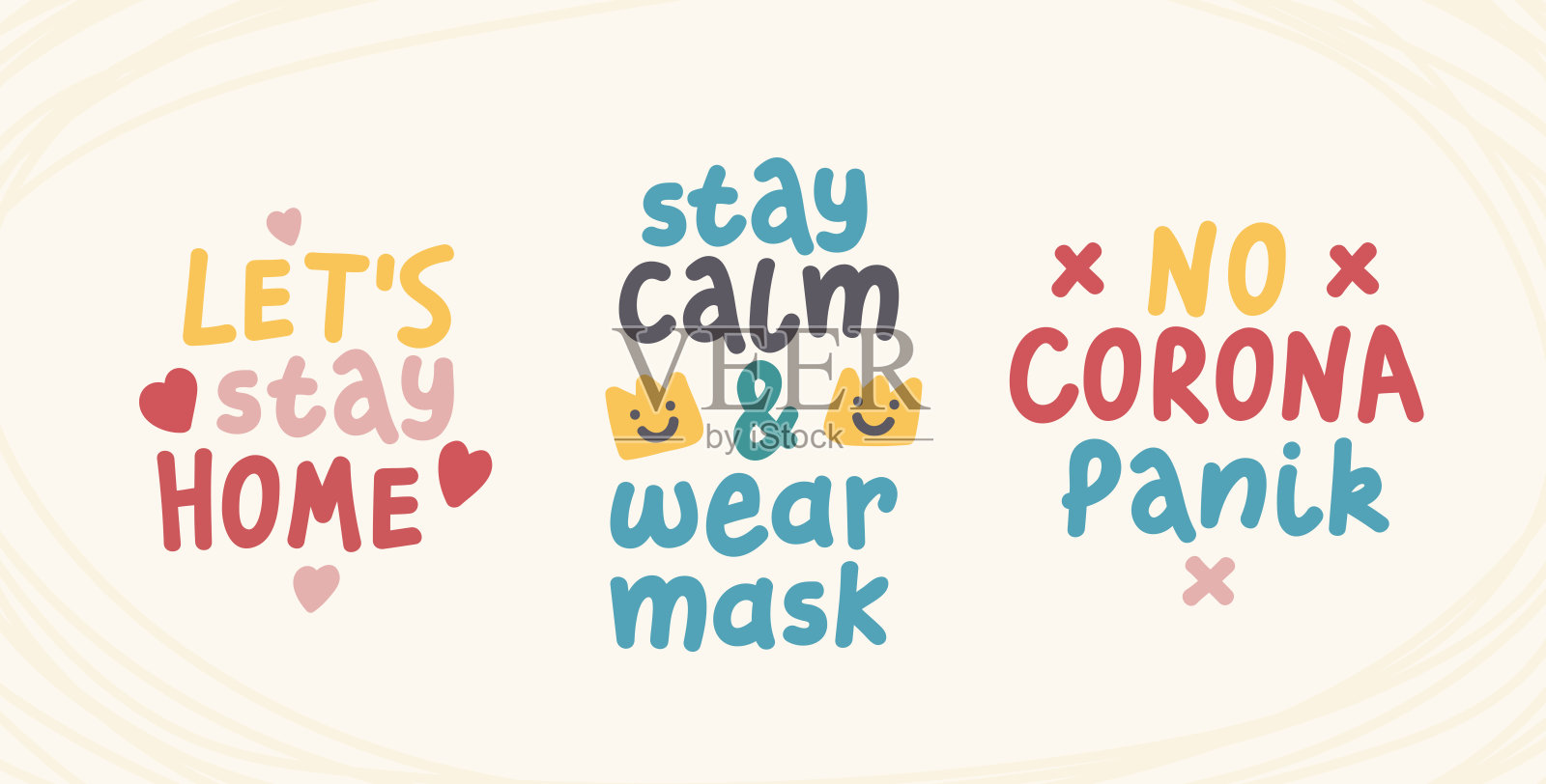 冠状病毒图标用于医疗设计。标签冠状病毒大流行载体字母。没有电晕恐慌，让我们留在家里插图，向量。设计元素图片