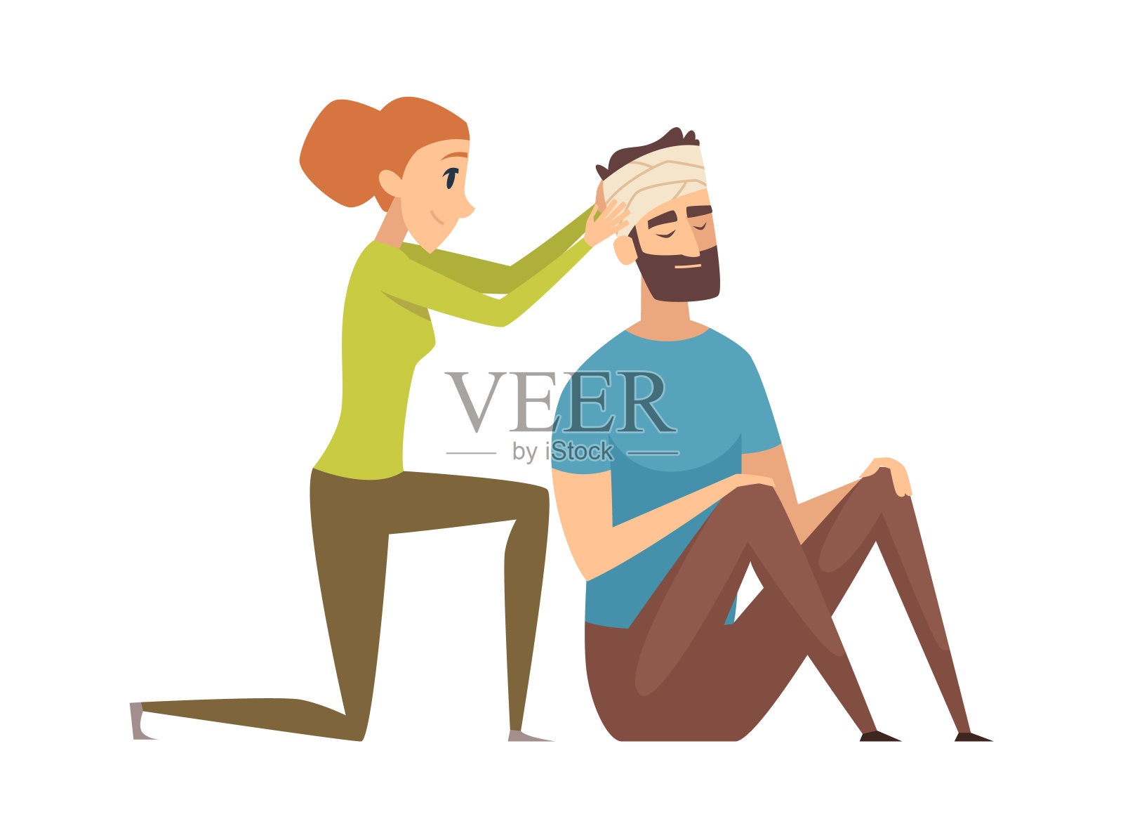 头部受伤。带着绷带的人需要帮助。护理或急救，医务工作者和病人媒介说明插画图片素材