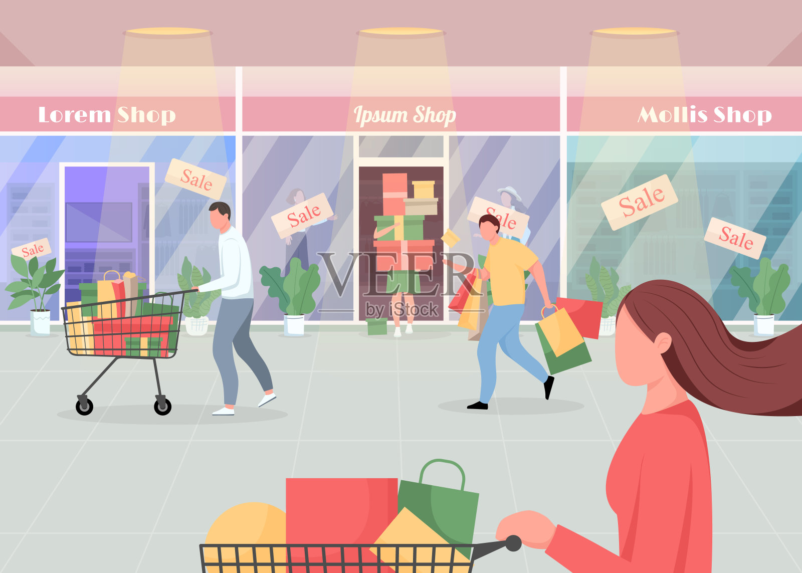 季节性销售在商场平面彩色矢量插图插画图片素材