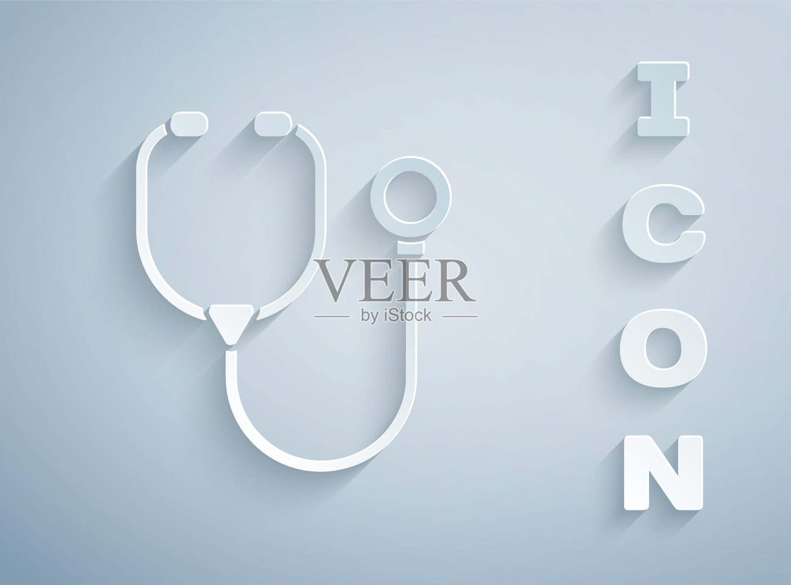 剪纸听诊器医疗器械图标孤立在灰色背景。纸艺术风格。向量插画图片素材