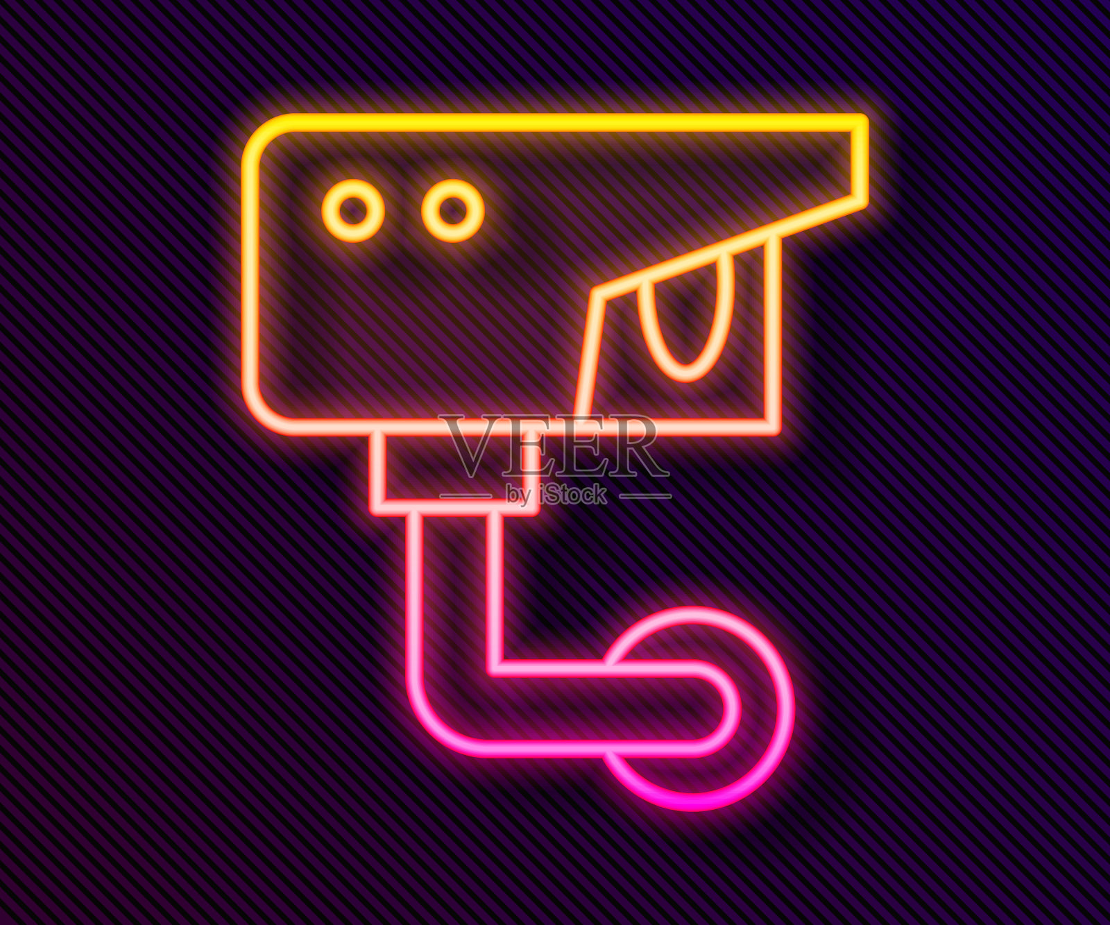 发光的霓虹灯线安全摄像头图标孤立在黑色背景。向量插画图片素材