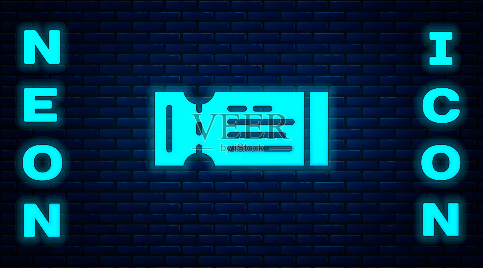 霓虹灯飞机票图标孤立在砖墙背景上。飞机票。向量设计模板素材