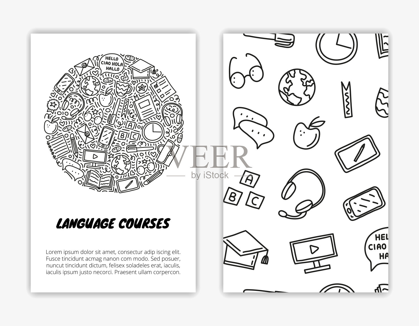 带有语言课程图标的卡片模板。设计模板素材