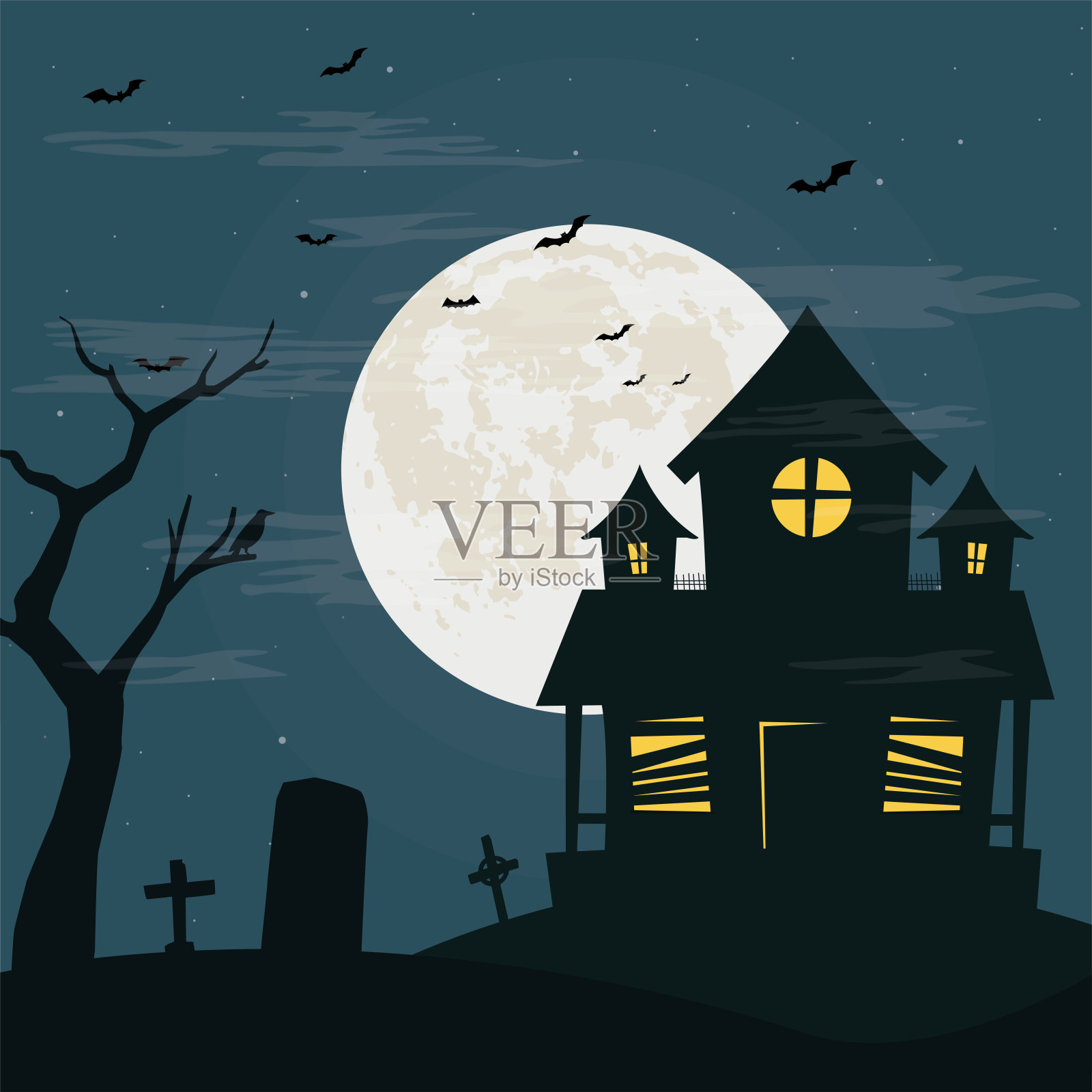 黑夜与恐怖的房子插画图片素材