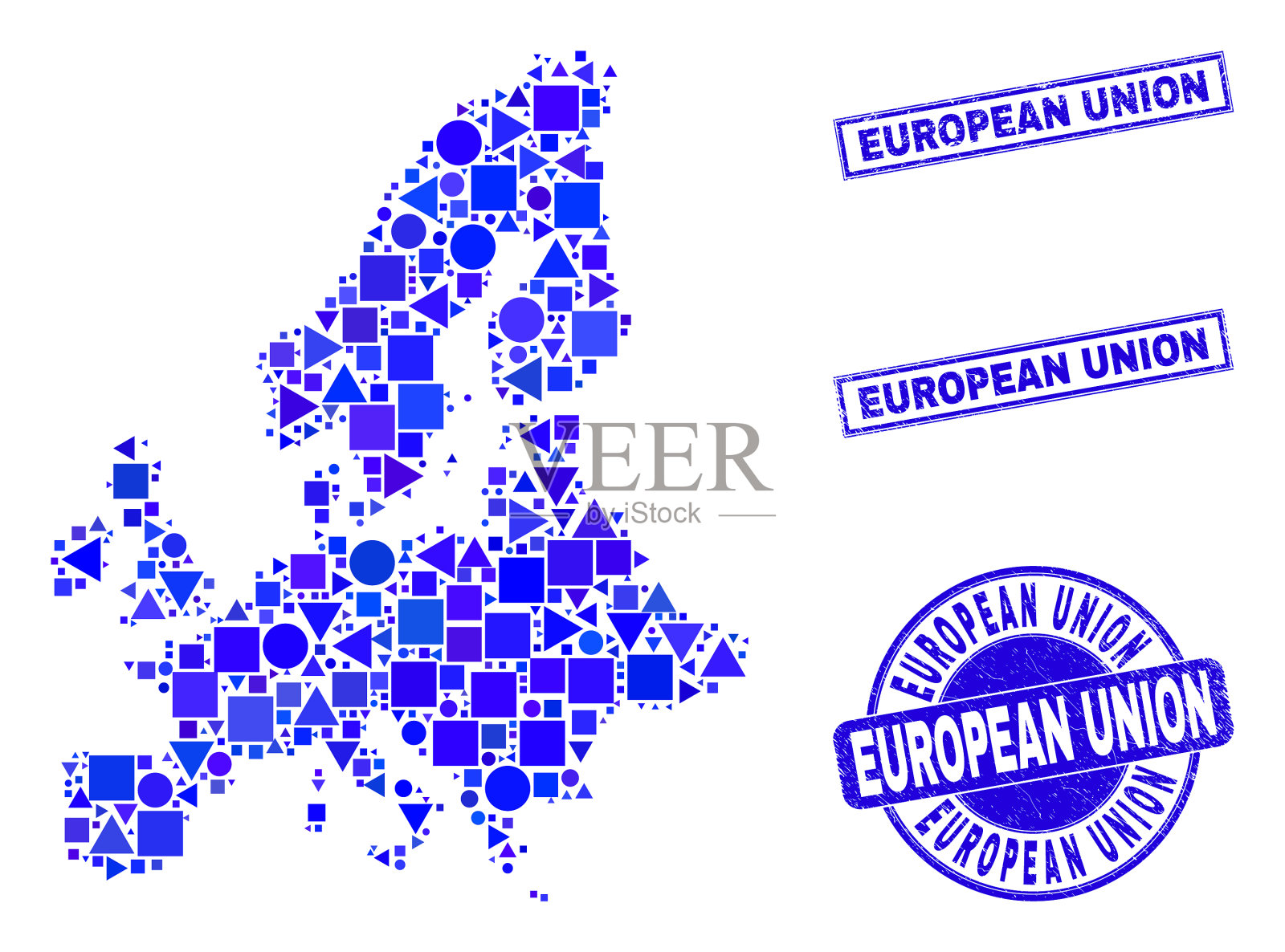 蓝色几何马赛克欧盟地图和印章插画图片素材