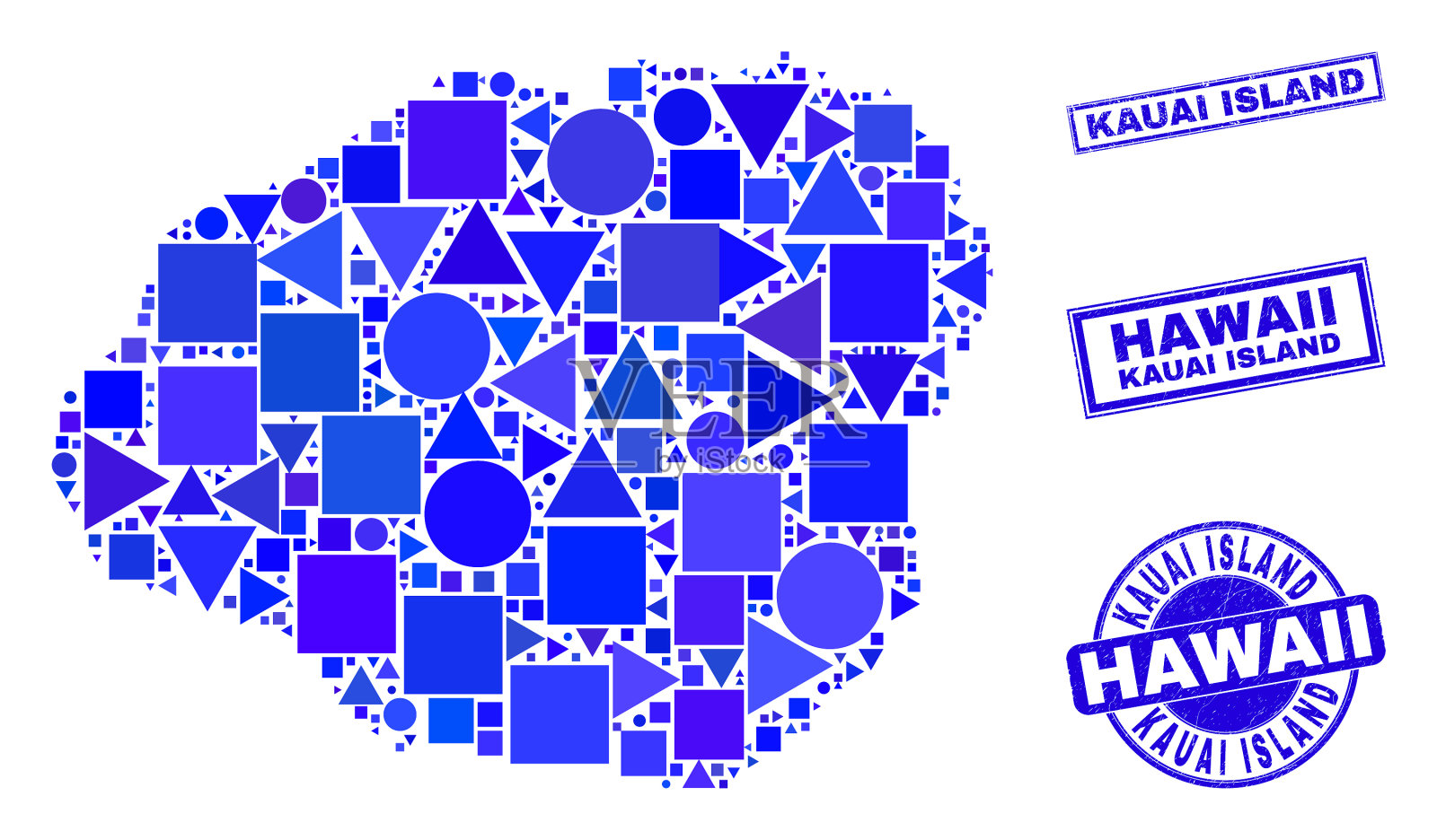 蓝色几何马赛克考艾岛地图和邮票插画图片素材