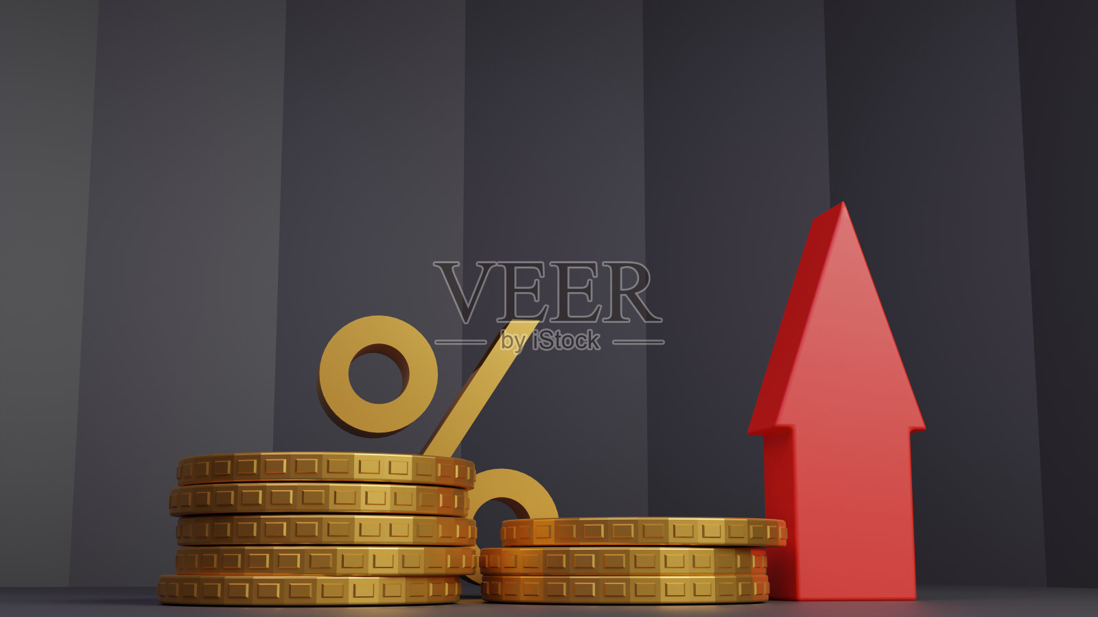 成堆的硬币，上面有一个向上的箭头和百分号。金融增长的概念。照片摄影图片