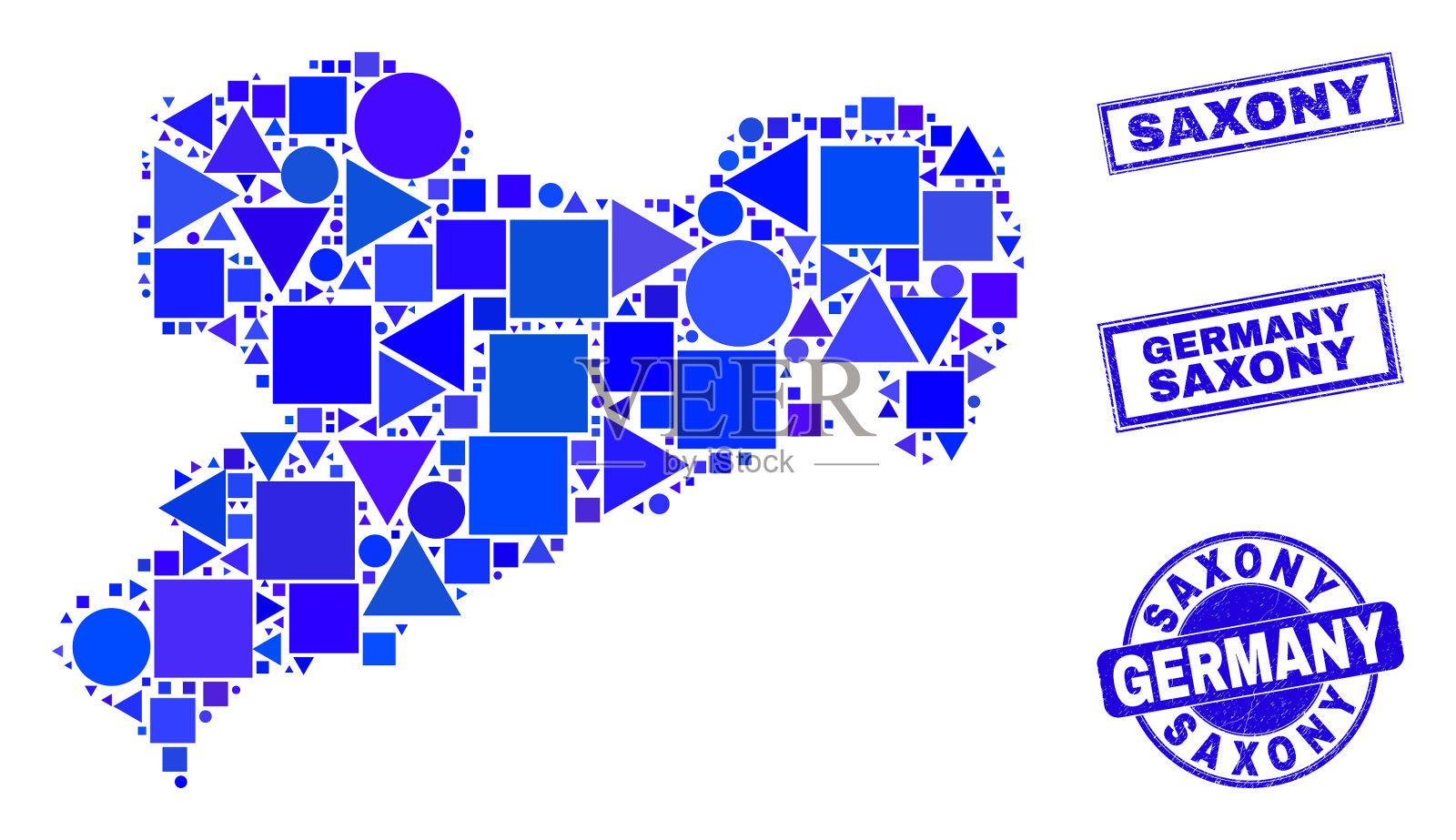 蓝色几何马赛克萨克森土地地图和邮票插画图片素材