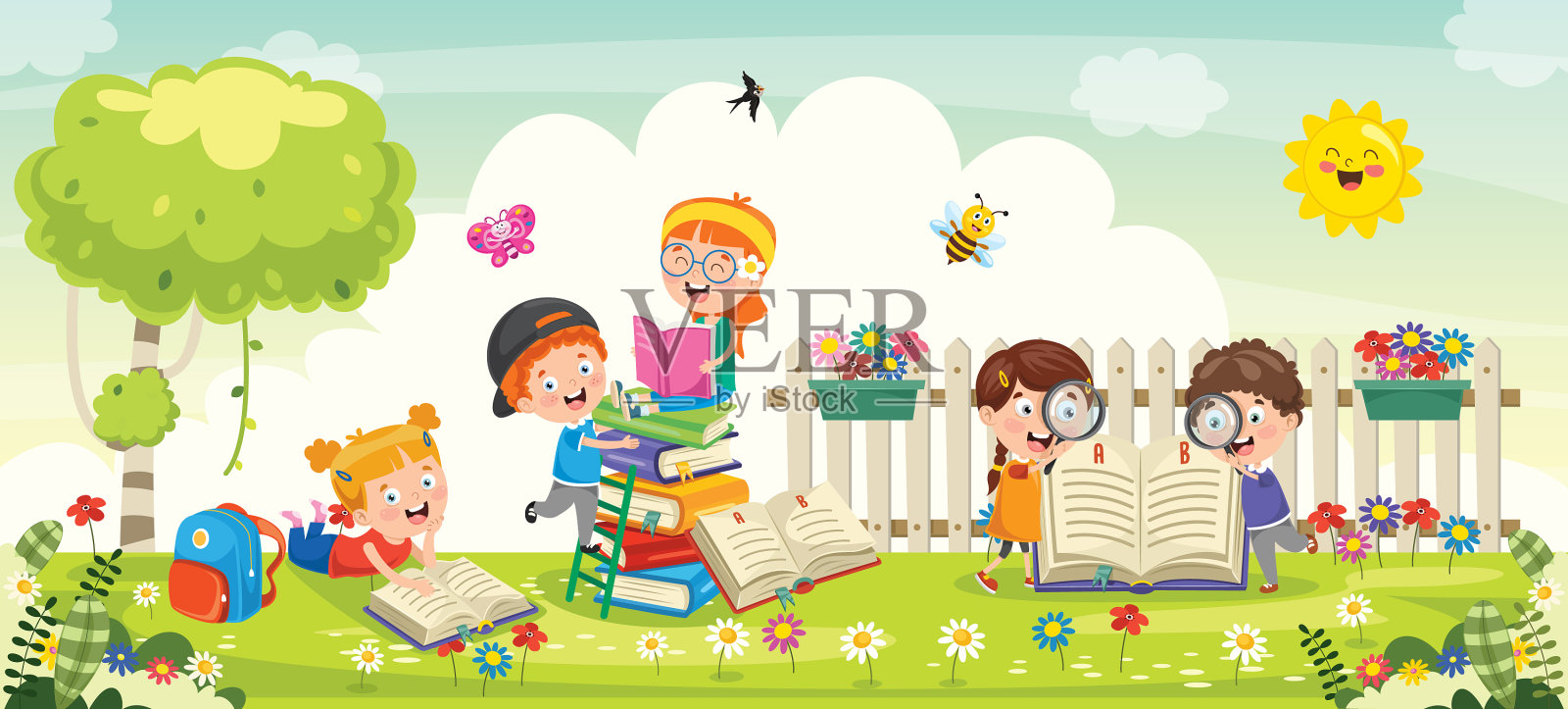 学校的孩子们在公园里学习插画图片素材