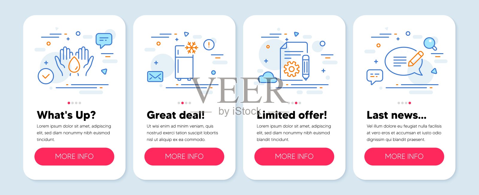 一组业务图标，如文档，冰箱，安全水符号。消息图标。向量设计模板素材