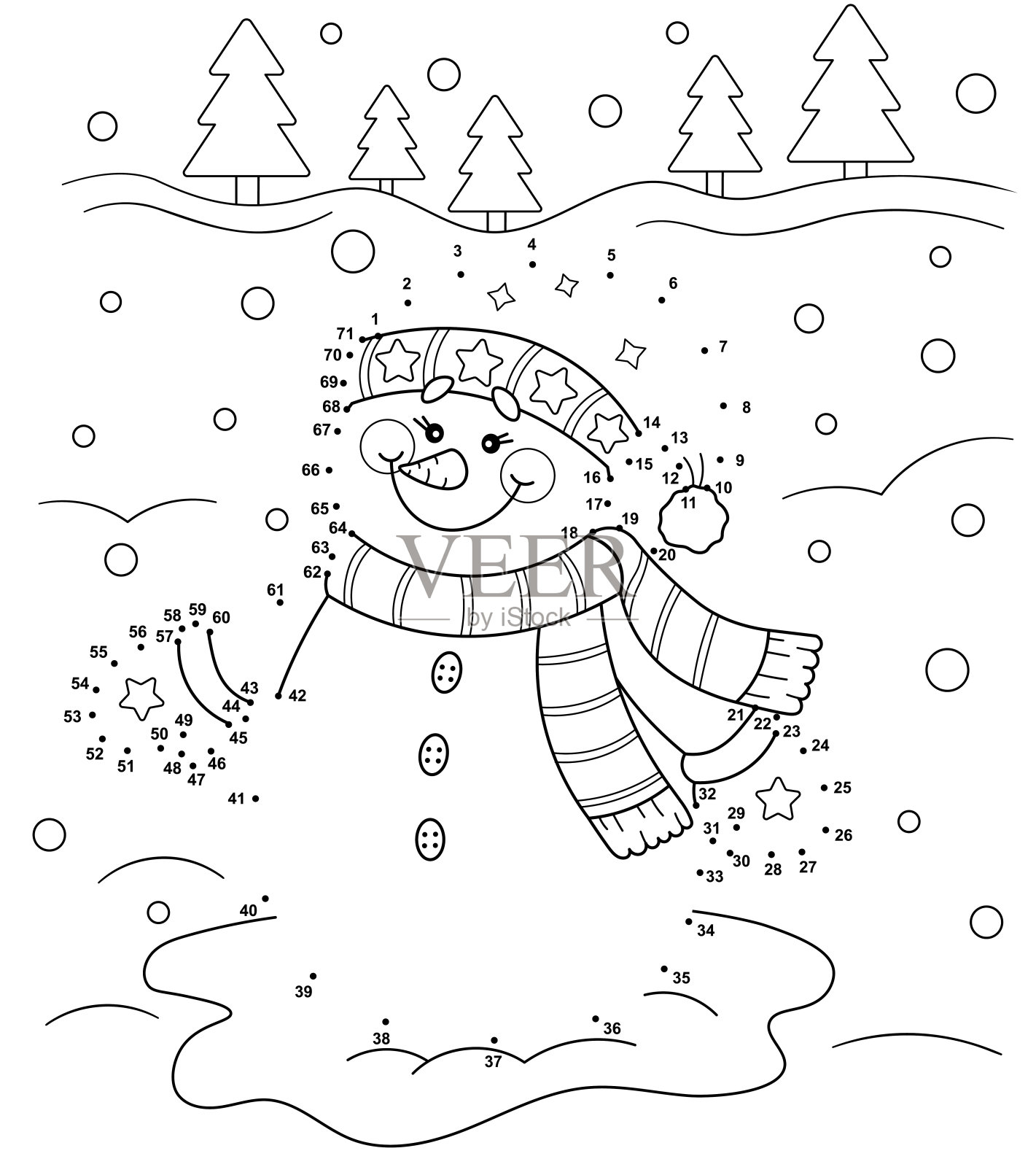 冬天点到点和彩色圣诞雪人的孩子。矢量黑白插图与雪的背景。设计元素图片