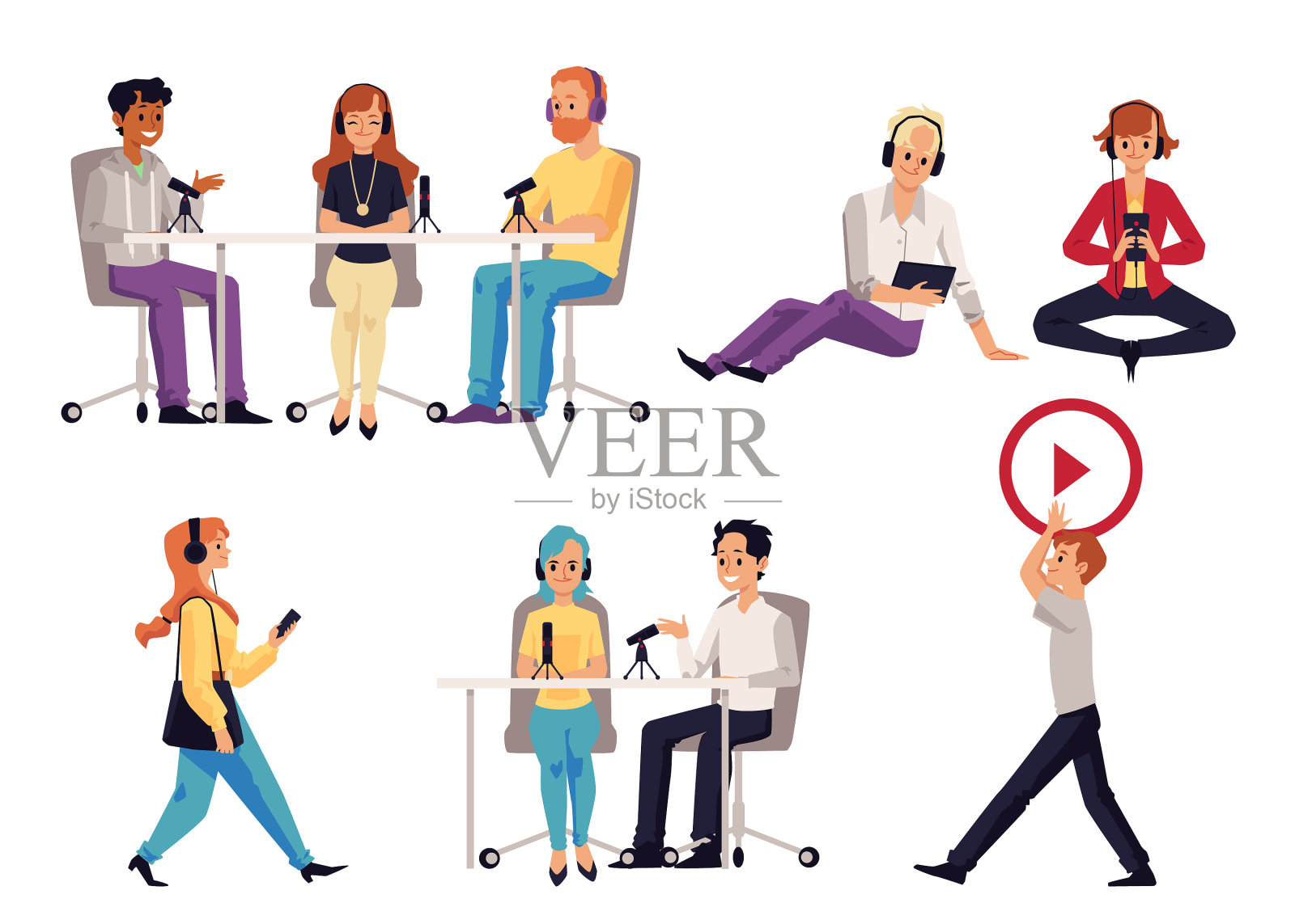 播客和广播设置了扁平的字符插画图片素材