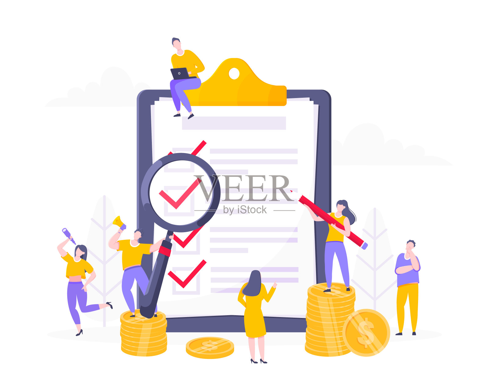 在线调查表格或保险申请在剪贴板上，索赔表格和小人一起工作。网络问卷、网络教育测验、矢量插图概念隐喻。插画图片素材