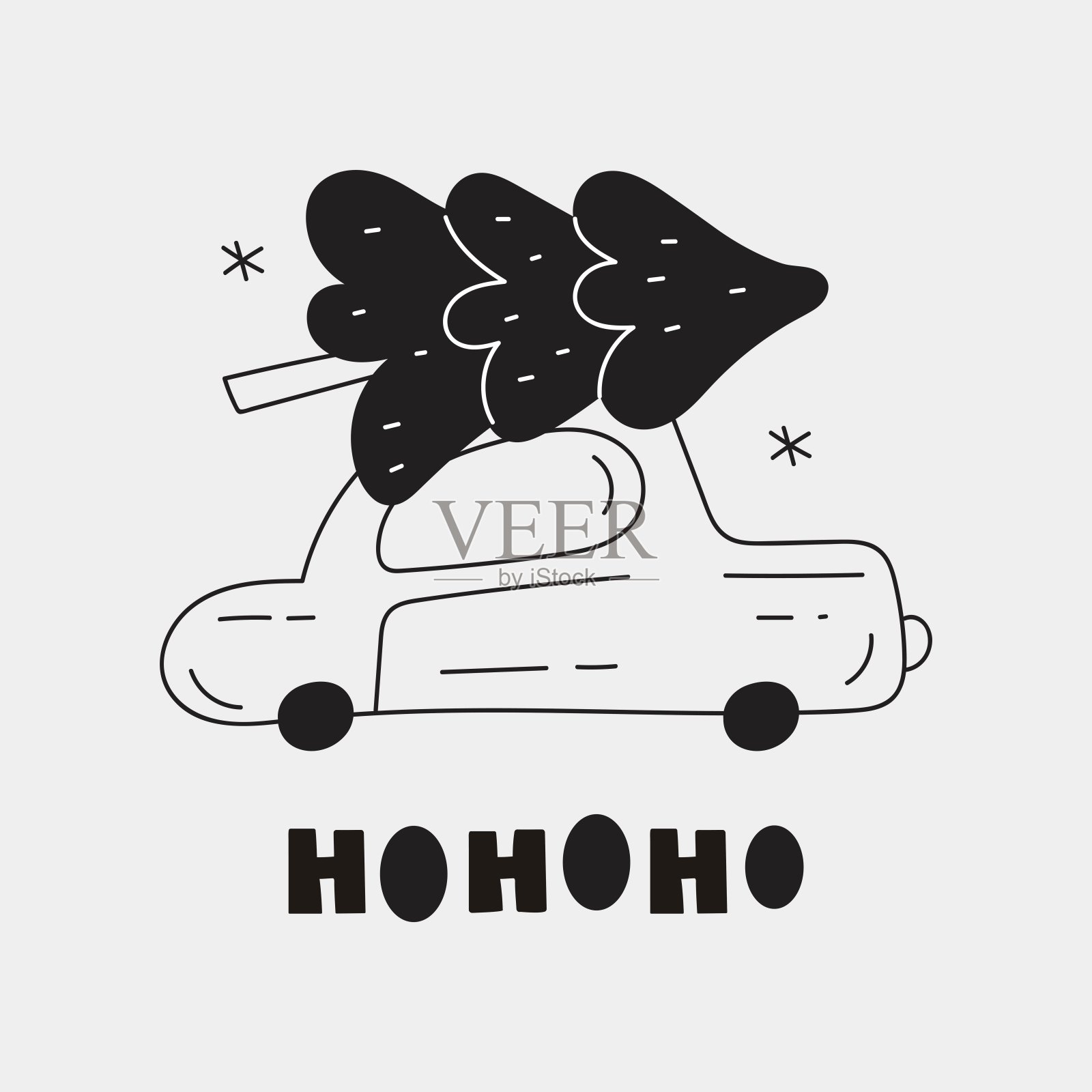车和圣诞树。Ho Ho Ho)。插画图片素材